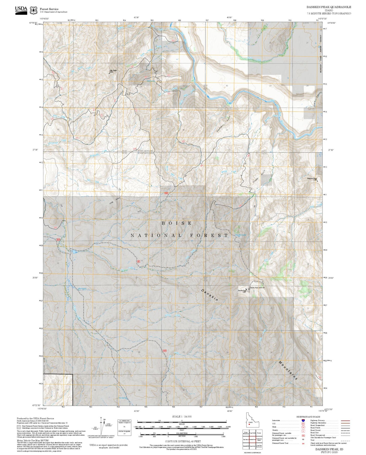 2025 Forest Service Topo Map of Danskin Peak Idaho