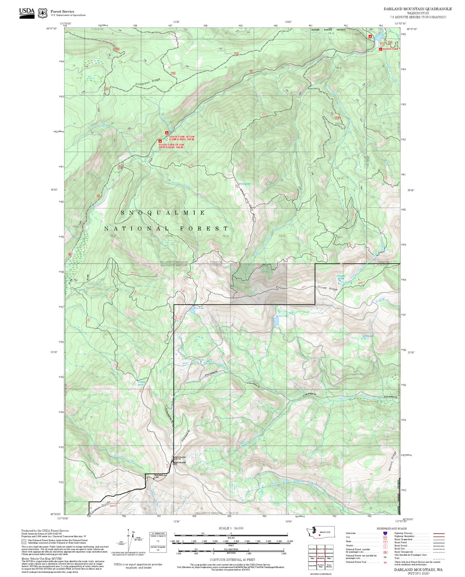 2025 Forest Service Topo Map of Darland Mountain Washington