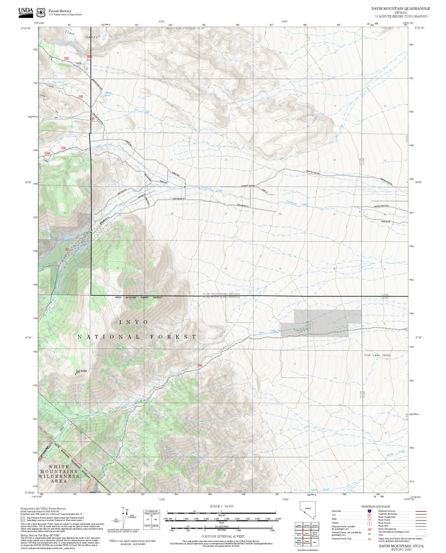 2025 Forest Service Topo Map of Davis Mountain Nevada