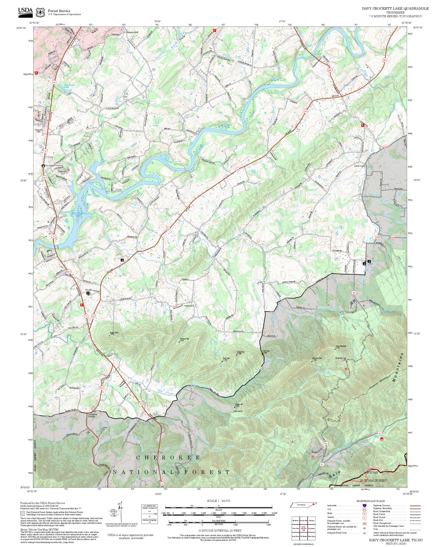 2025 Forest Service Topo Map of Davy Crockett Lake Tennessee