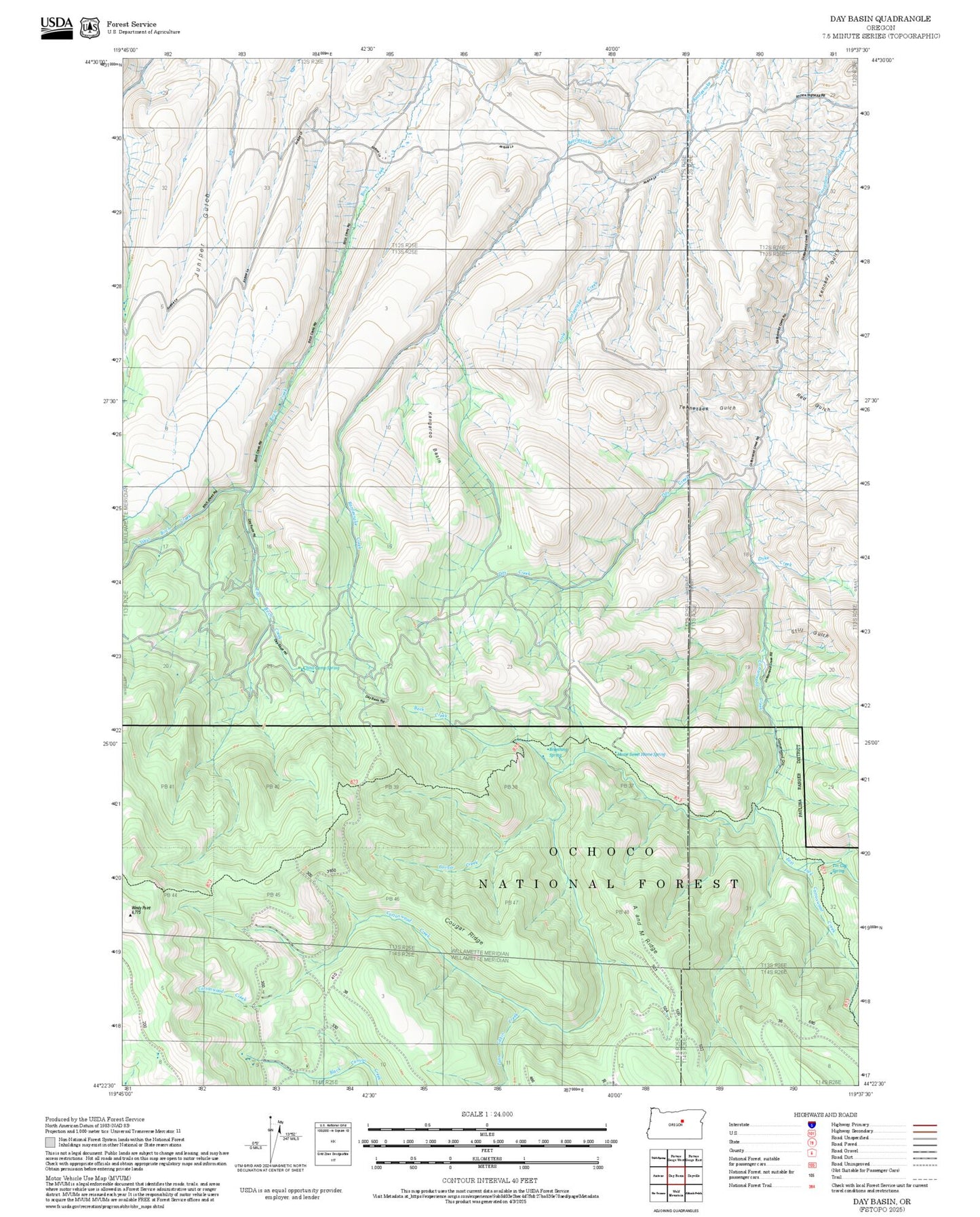 2025 Forest Service Topo Map of Day Basin Oregon