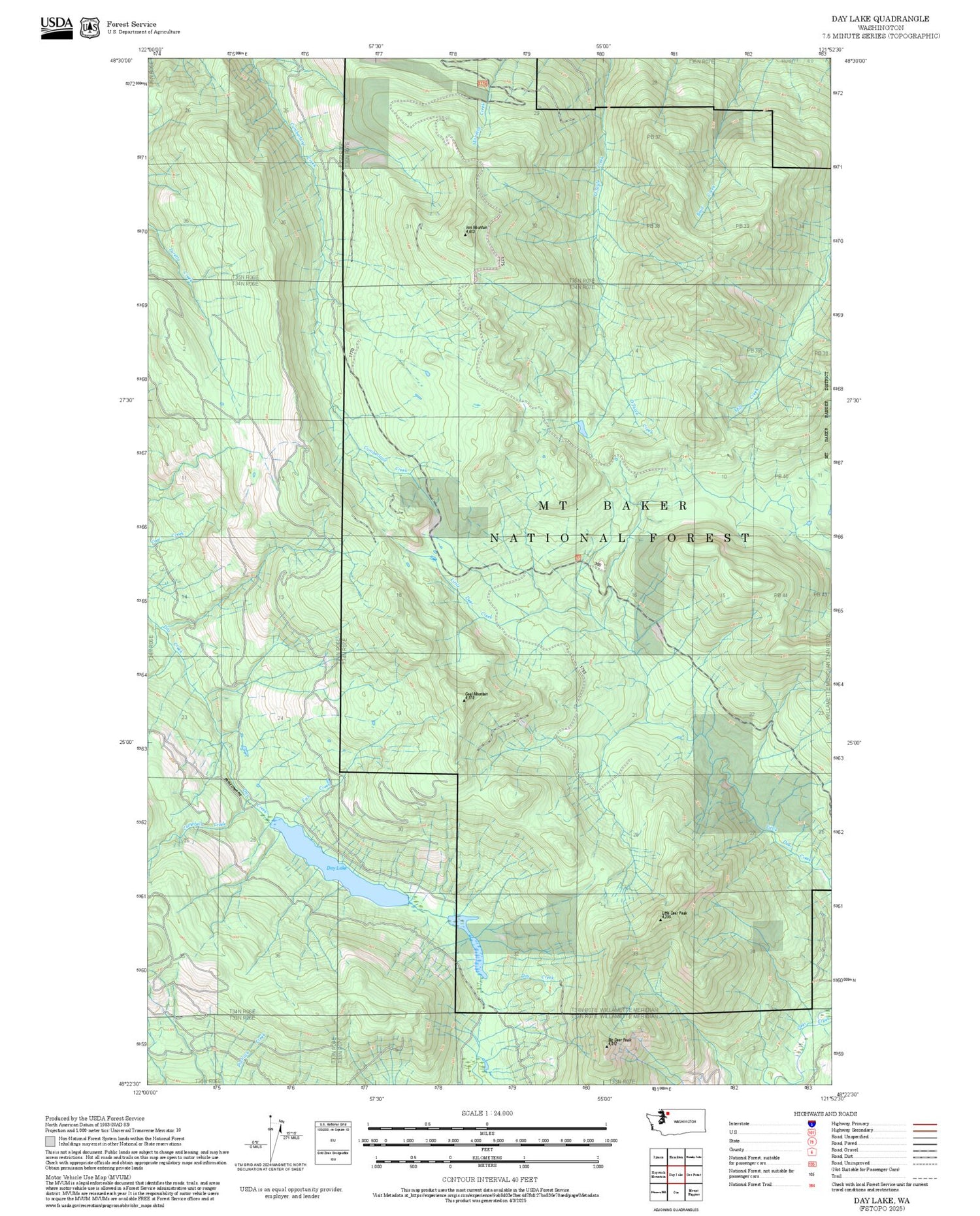 2025 Forest Service Topo Map of Day Lake Washington