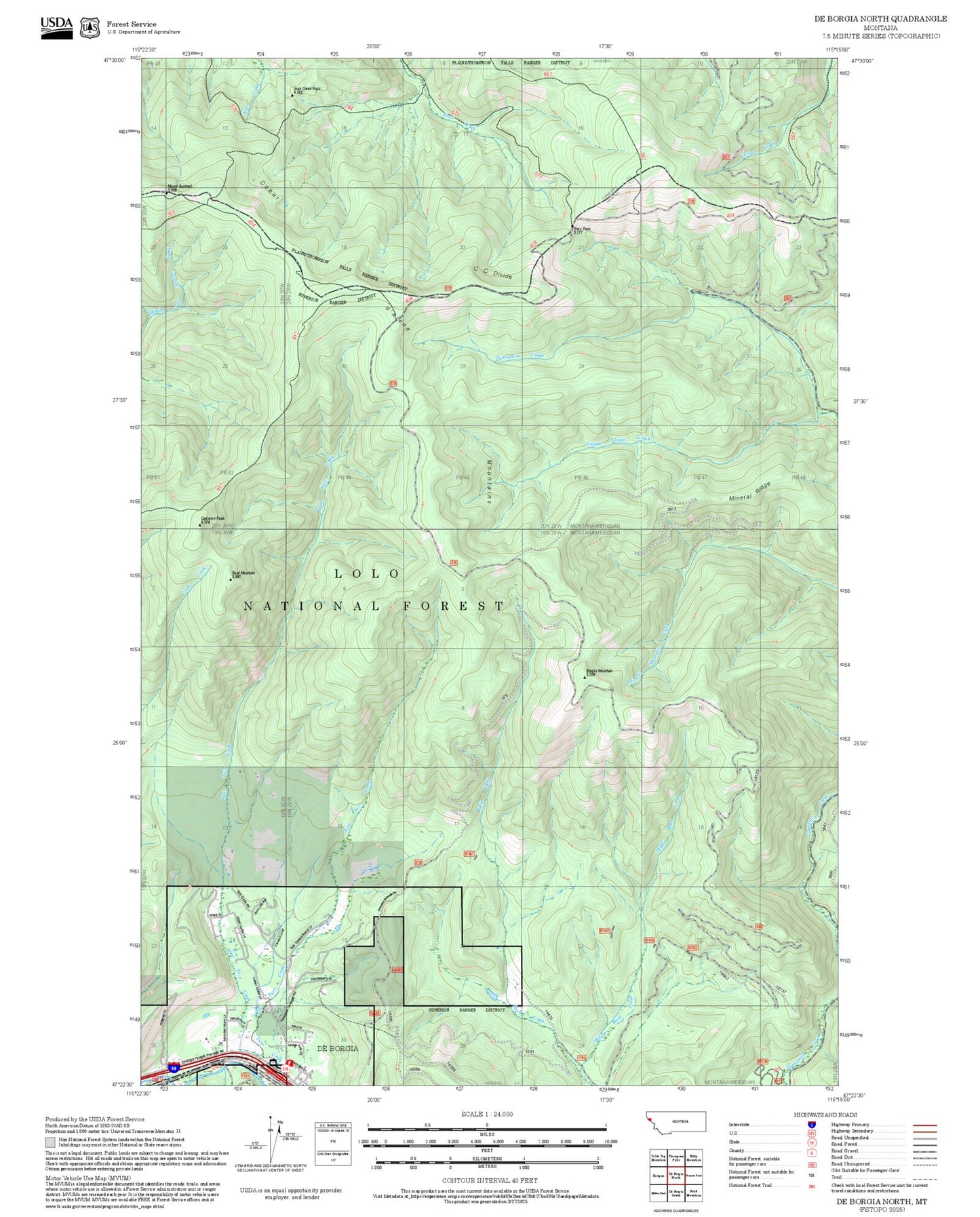 2025 Forest Service Topo Map of De Borgia North Montana
