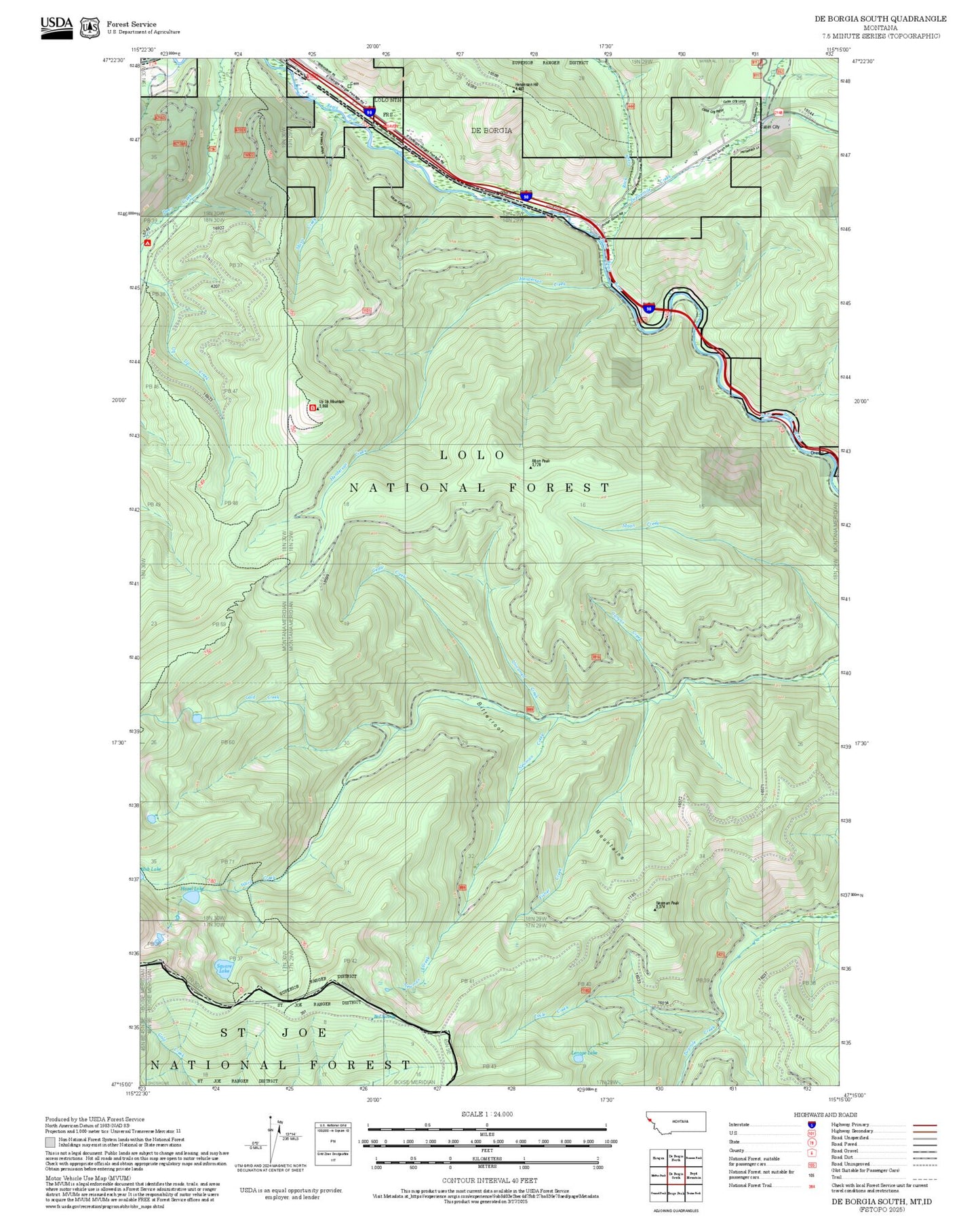 2025 Forest Service Topo Map of De Borgia South Montana