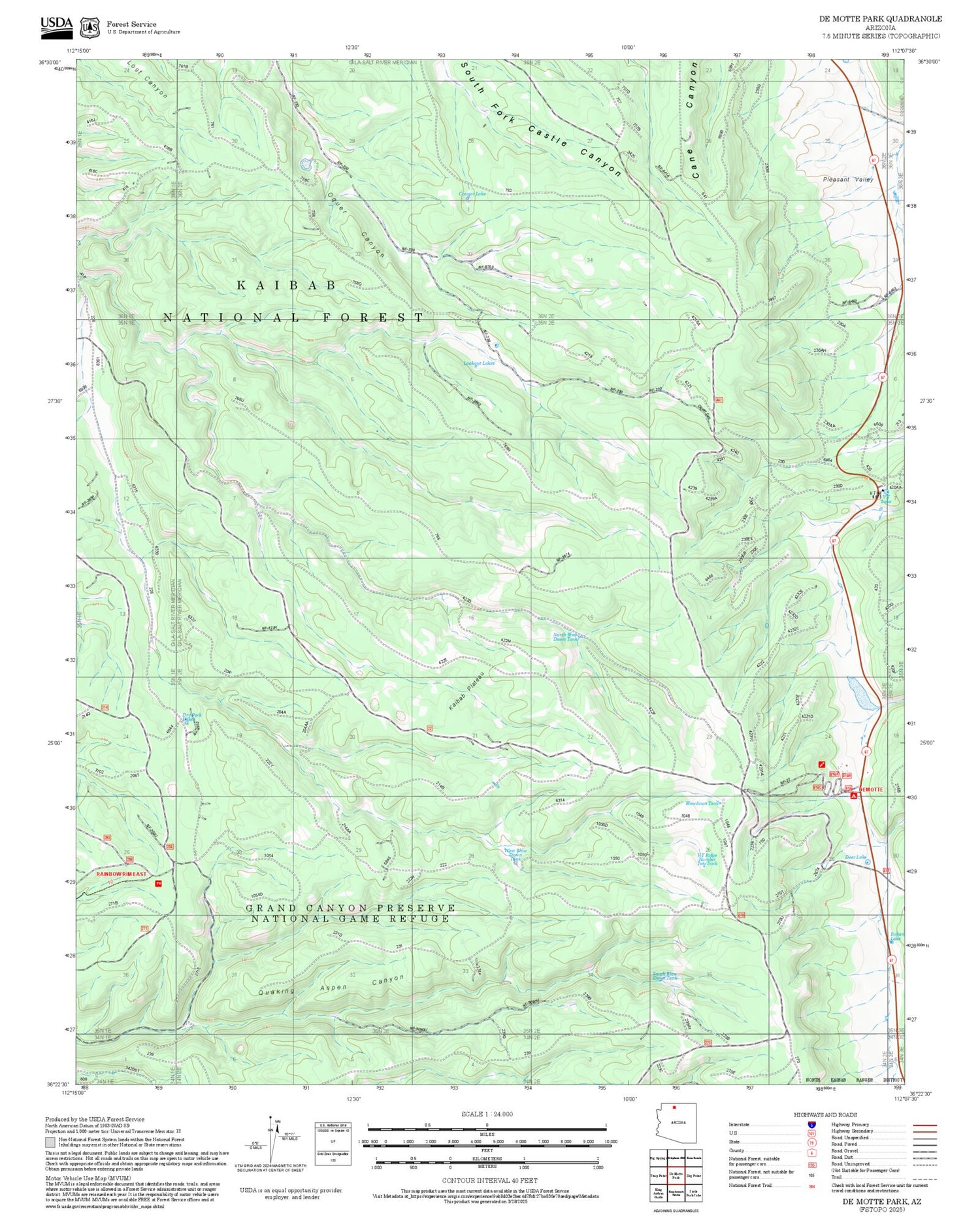 2025 Forest Service Topo Map of De Motte Park Arizona