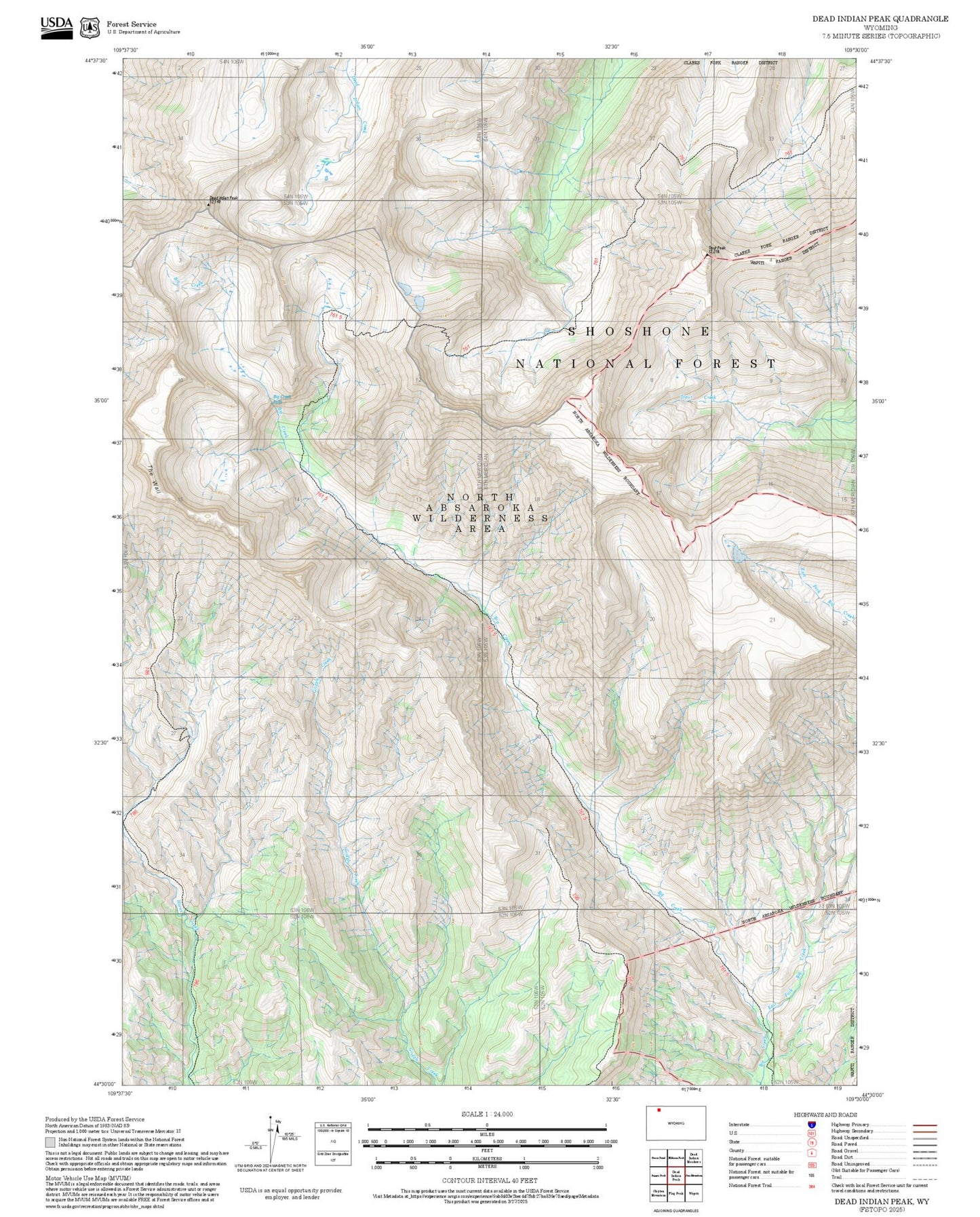 2025 Forest Service Topo Map of Dead Indian Peak Wyoming