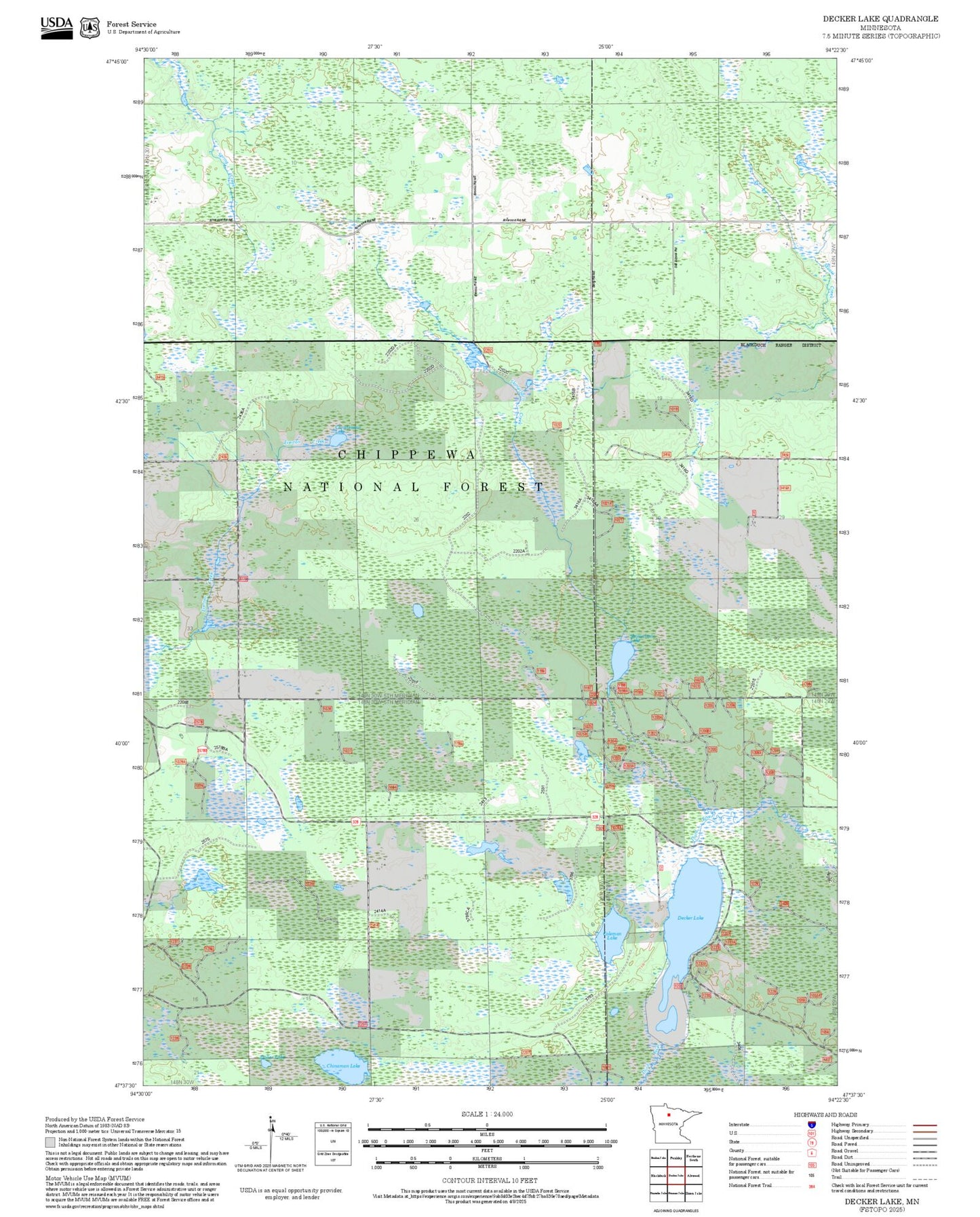 2025 Forest Service Topo Map of Decker Lake Minnesota