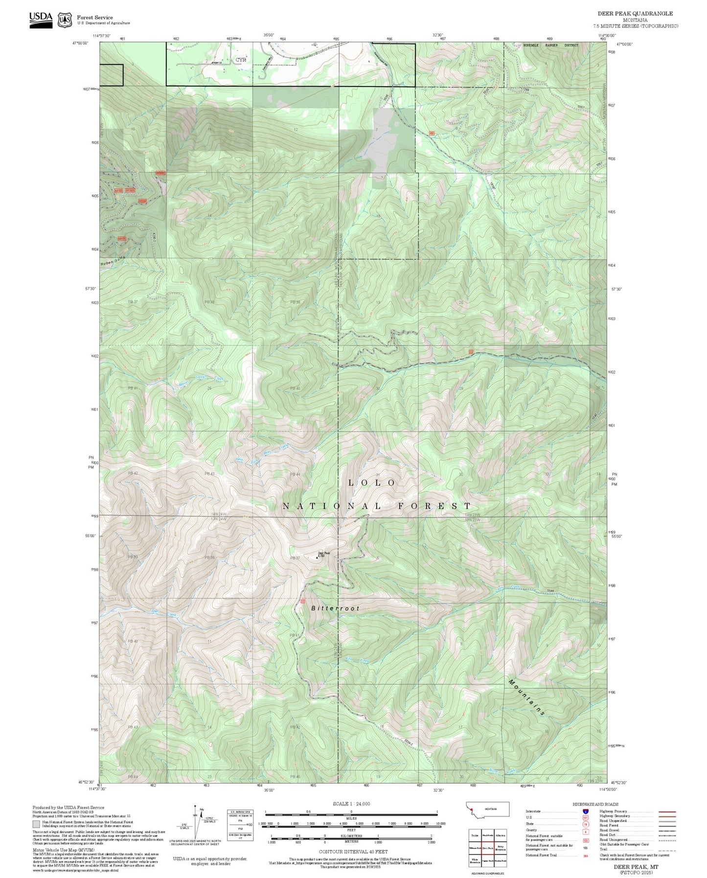 2025 Forest Service Topo Map of Deer Peak Montana