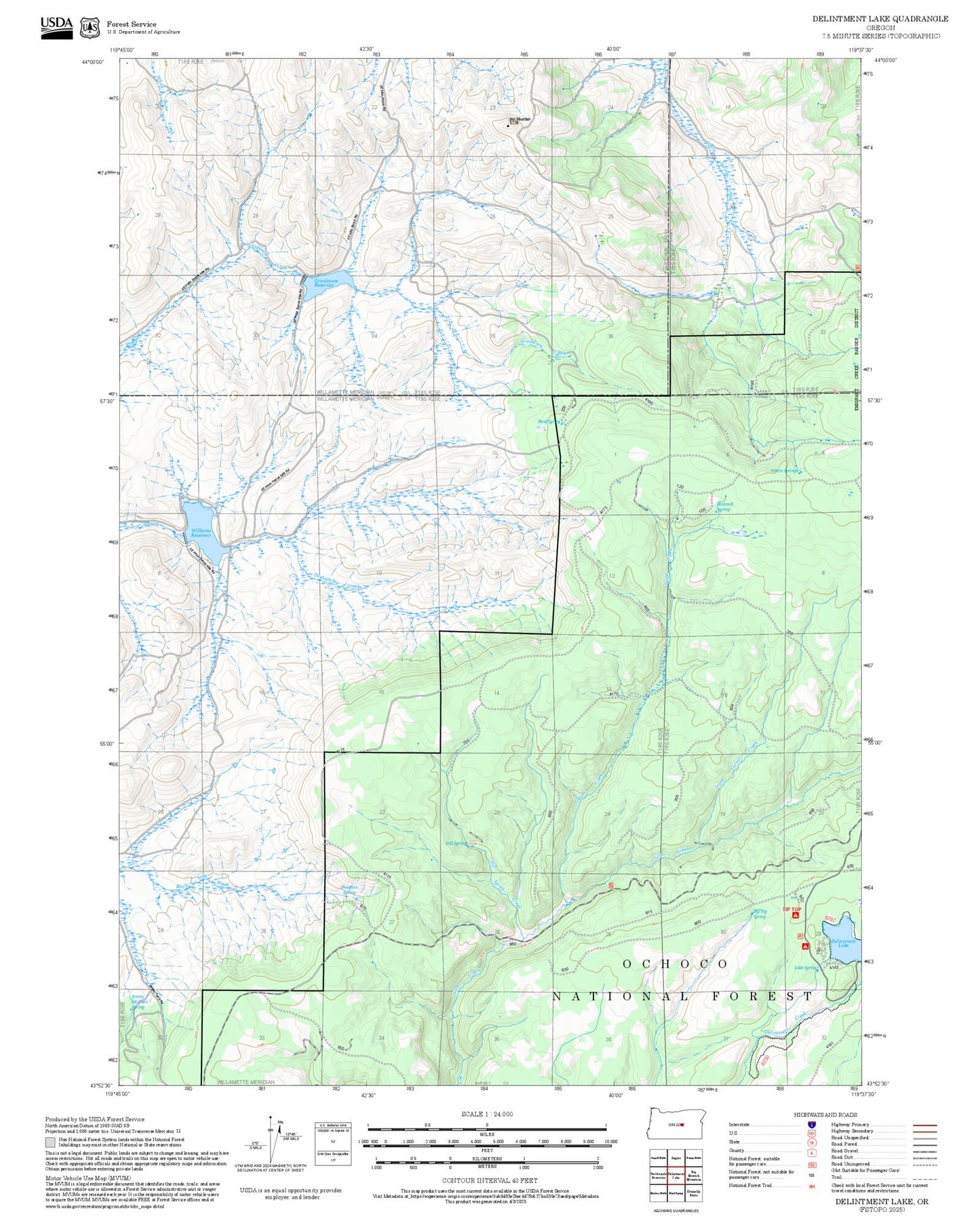 2025 Forest Service Topo Map of Delintment Lake Oregon