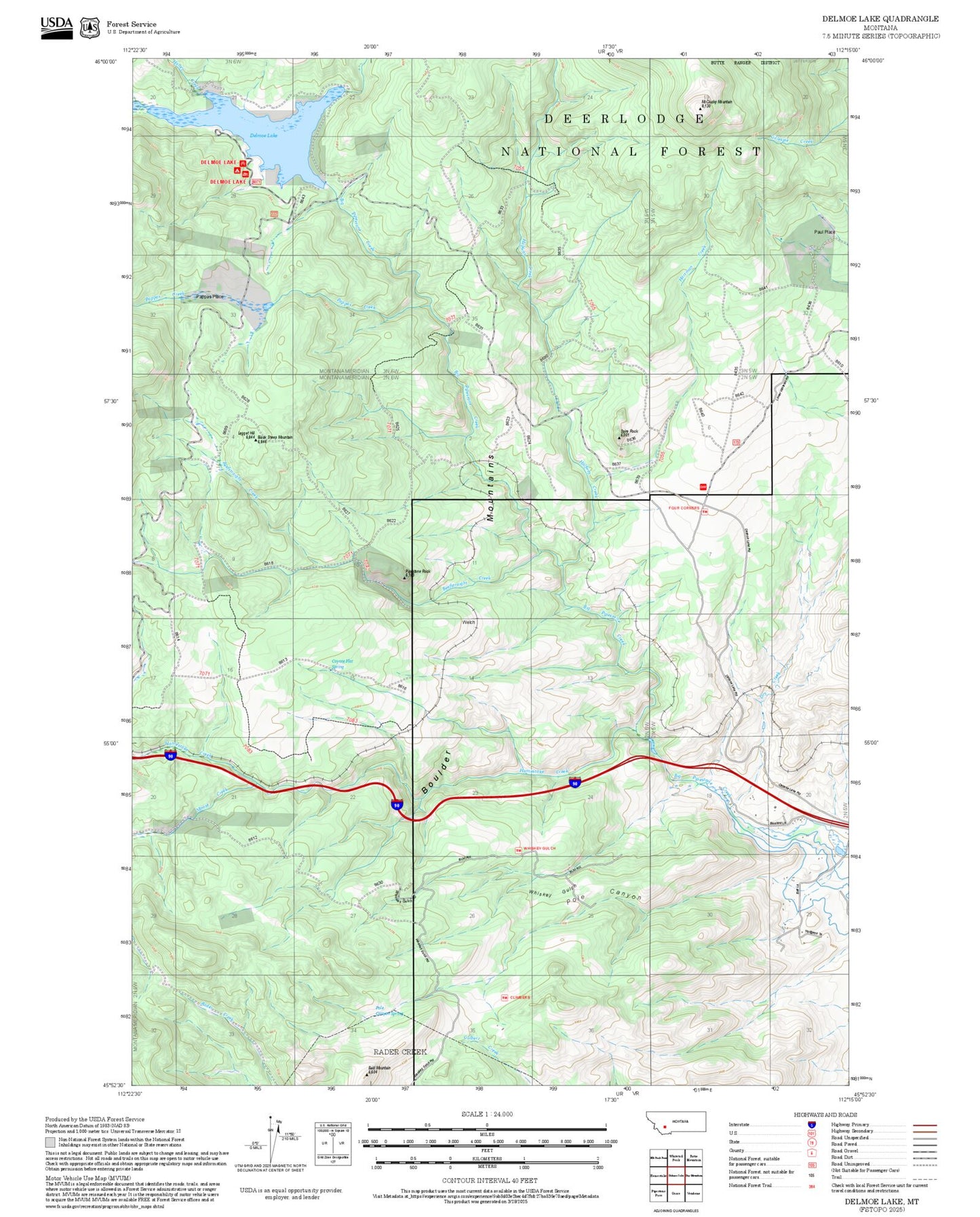 2025 Forest Service Topo Map of Delmoe Lake Montana