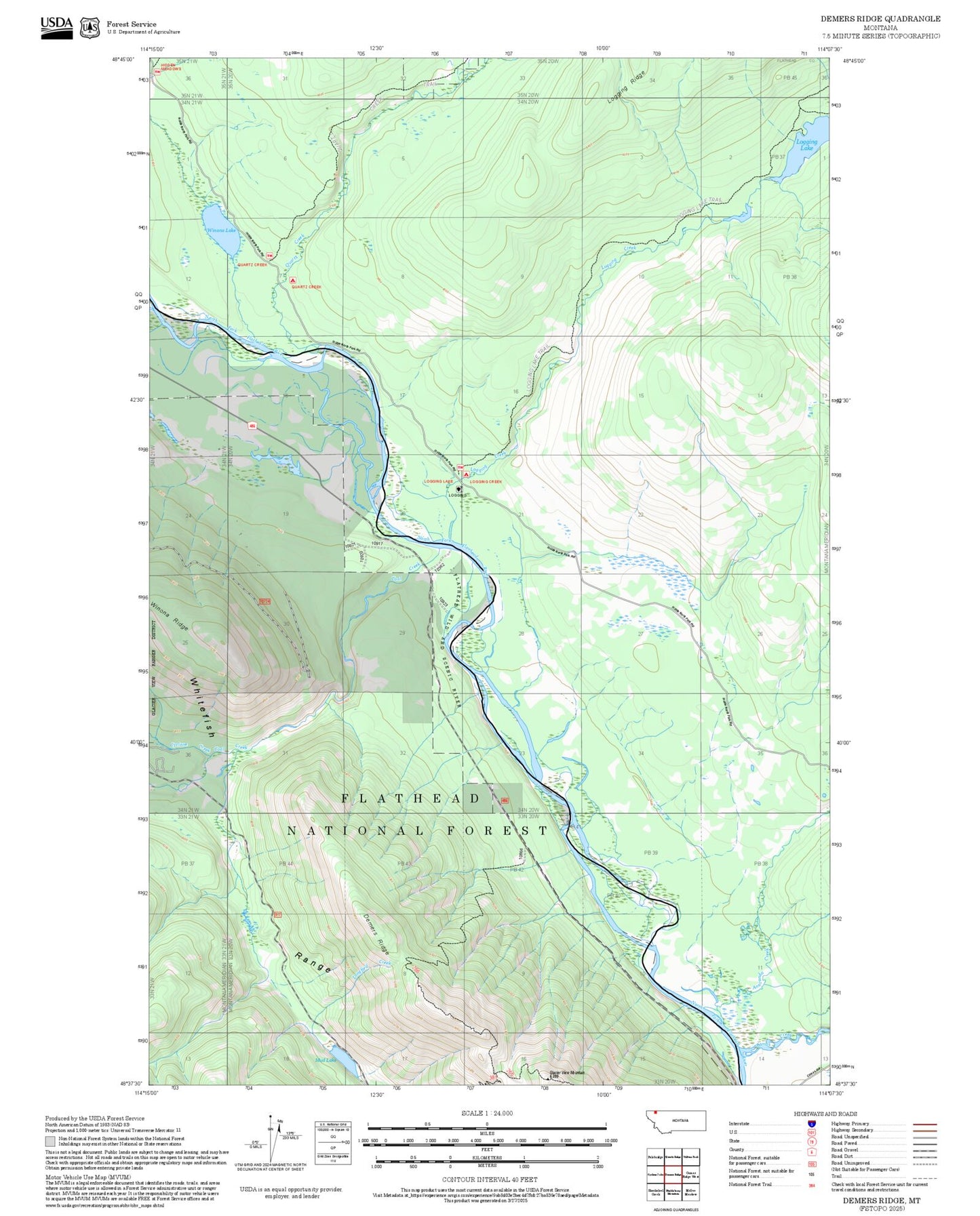 2025 Forest Service Topo Map of Demers Ridge Montana