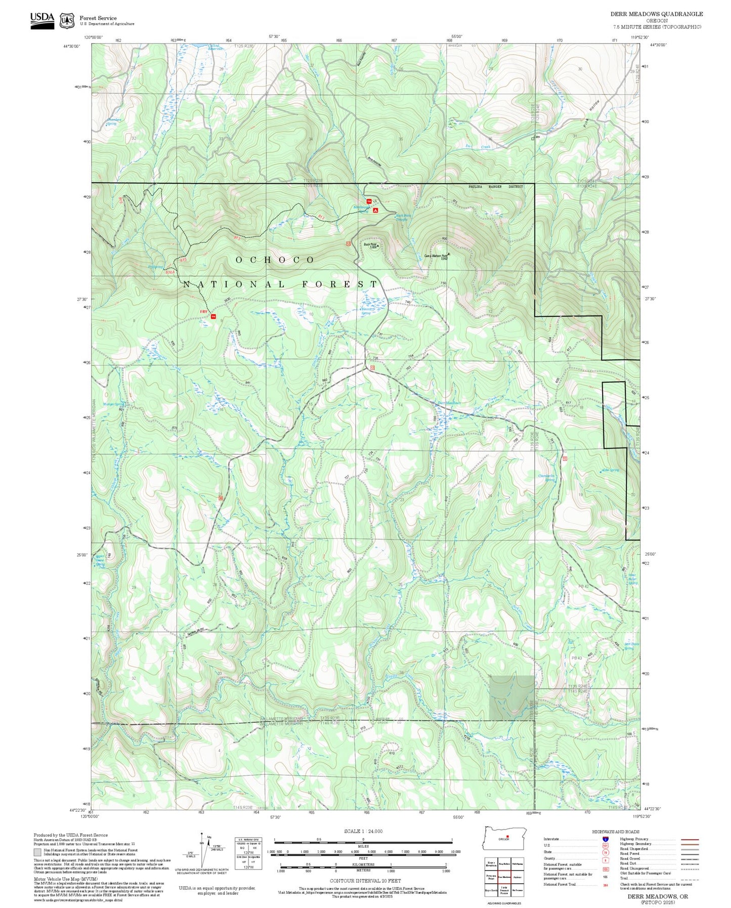 2025 Forest Service Topo Map of Derr Meadows Oregon
