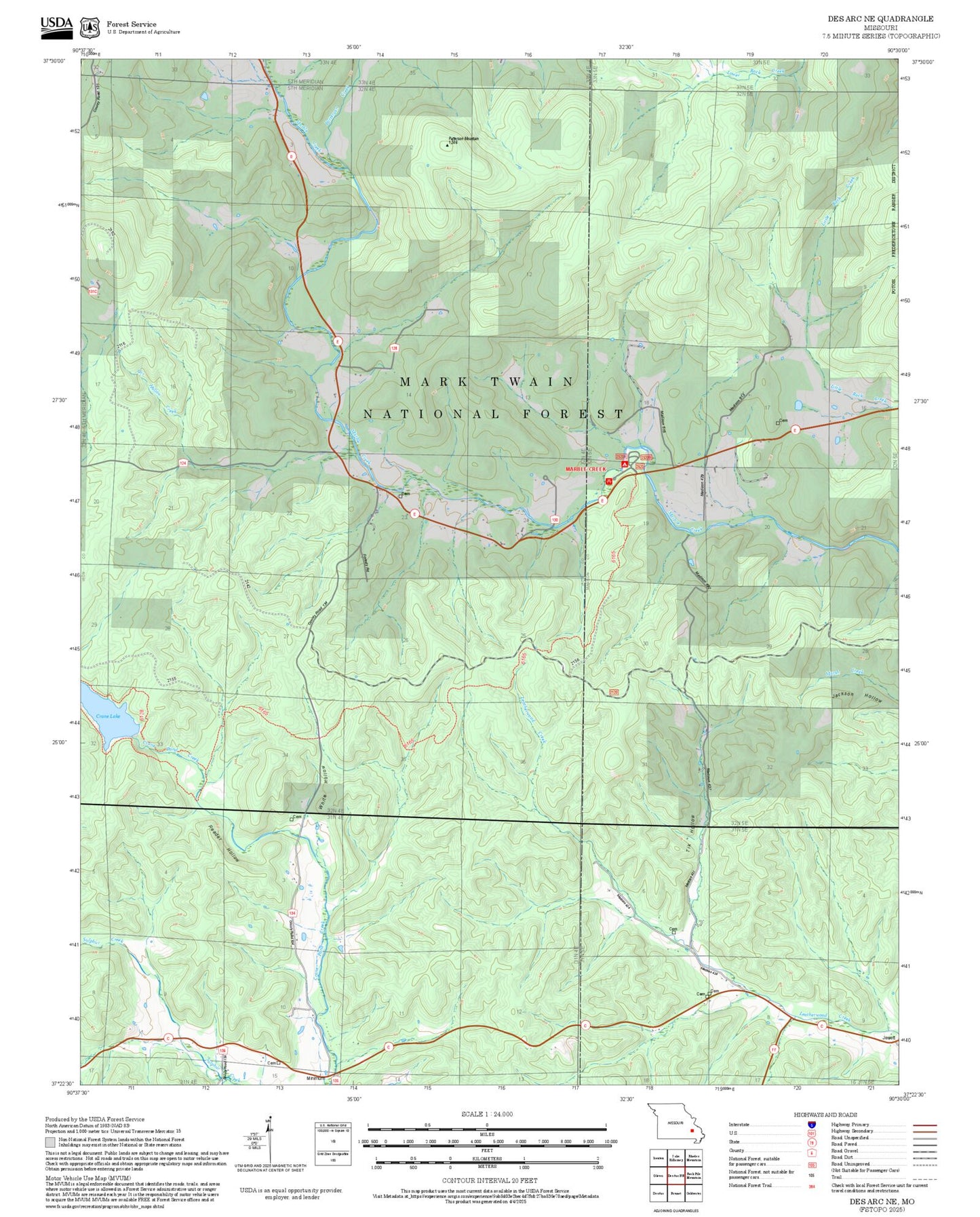 2025 Forest Service Topo Map of Des Arc NE Missouri