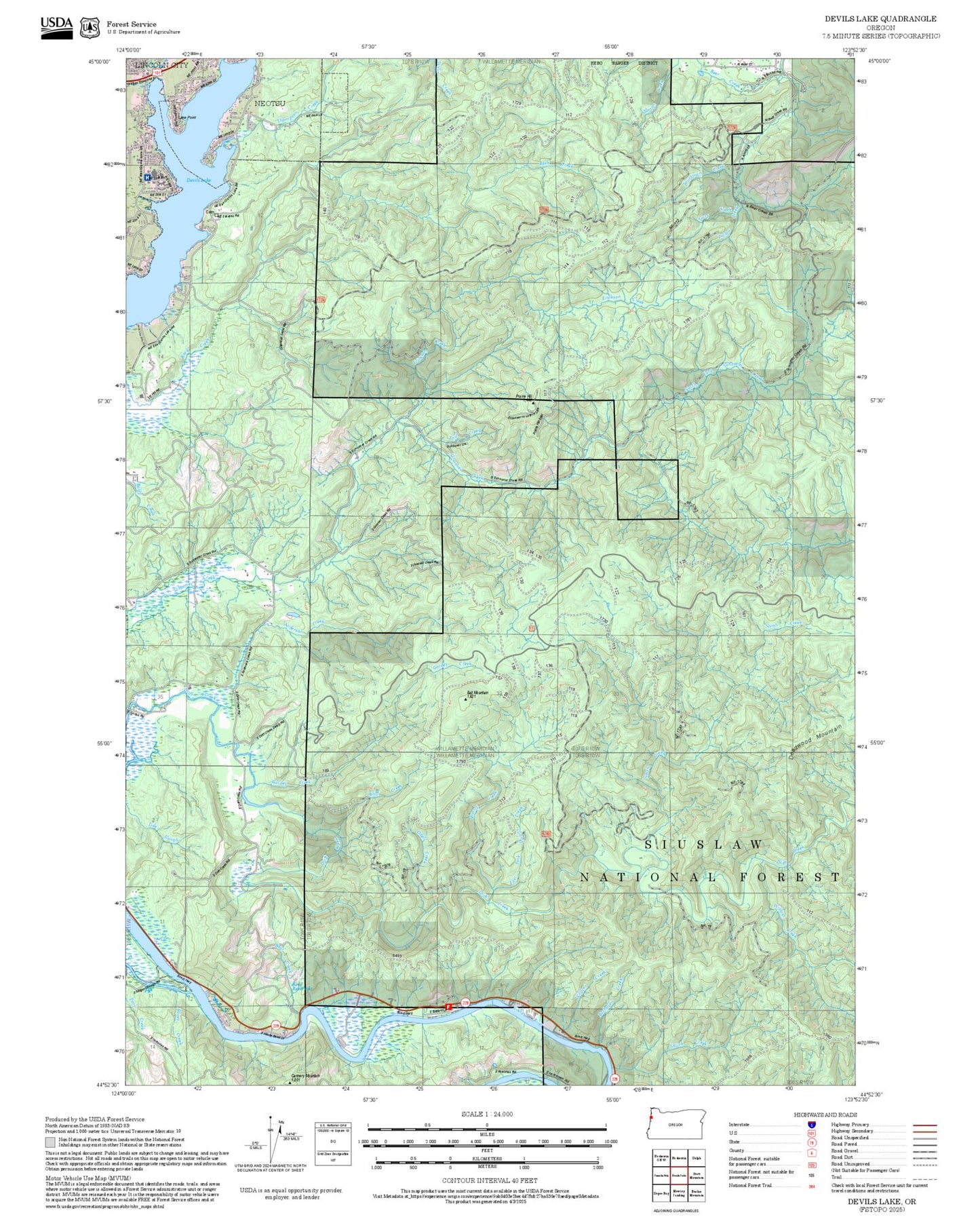 2025 Forest Service Topo Map of Devils Lake Oregon