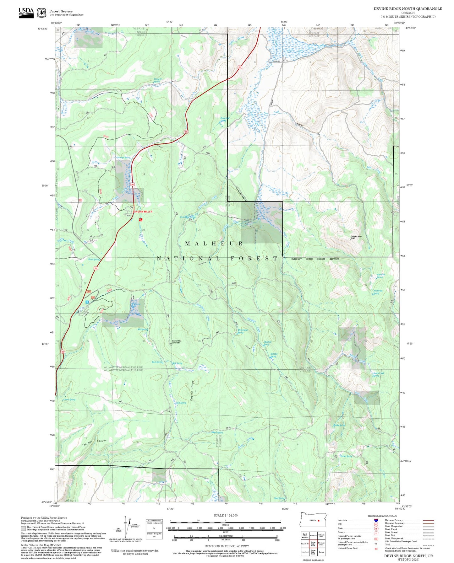 2025 Forest Service Topo Map of Devine Ridge North Oregon