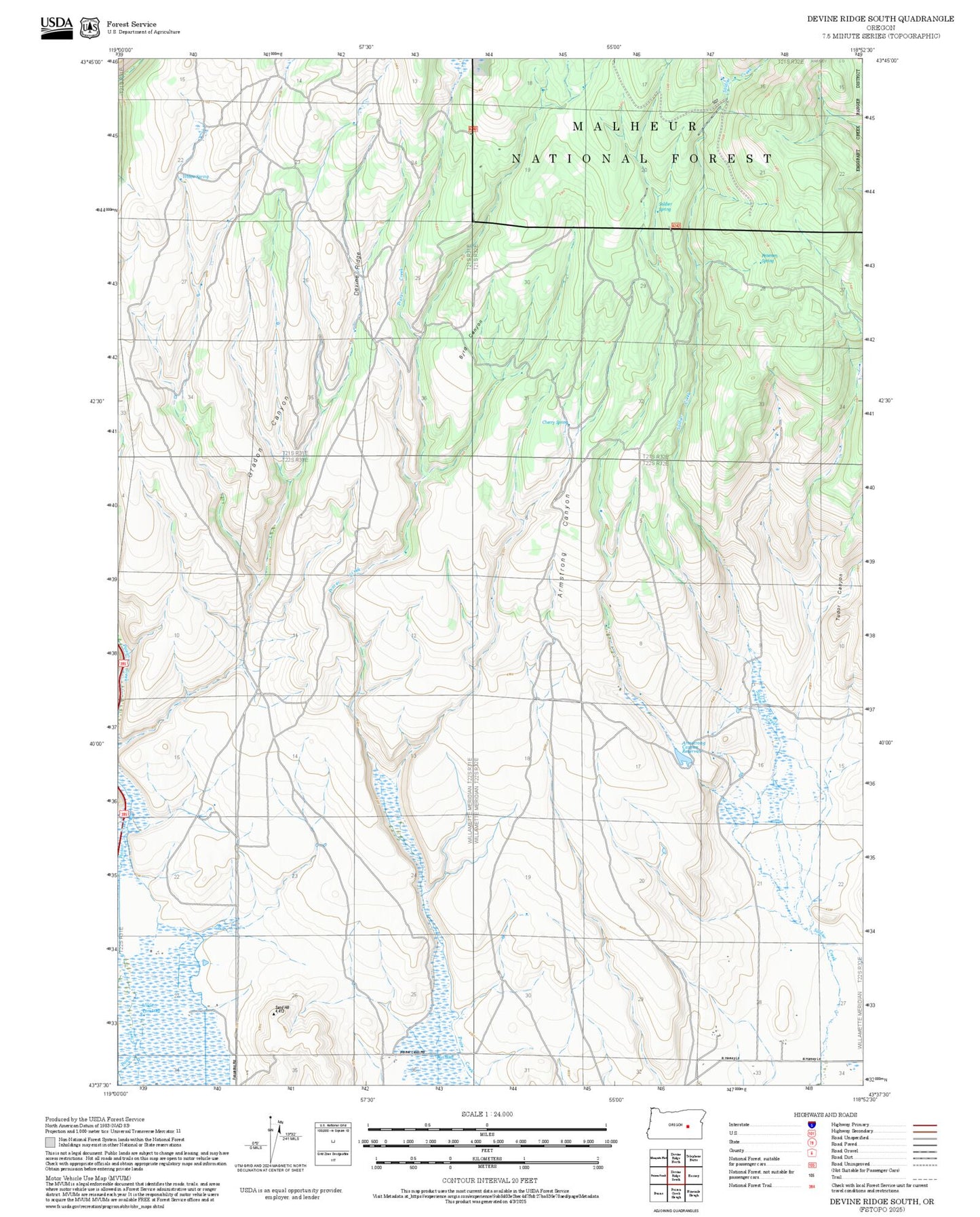 2025 Forest Service Topo Map of Devine Ridge South Oregon