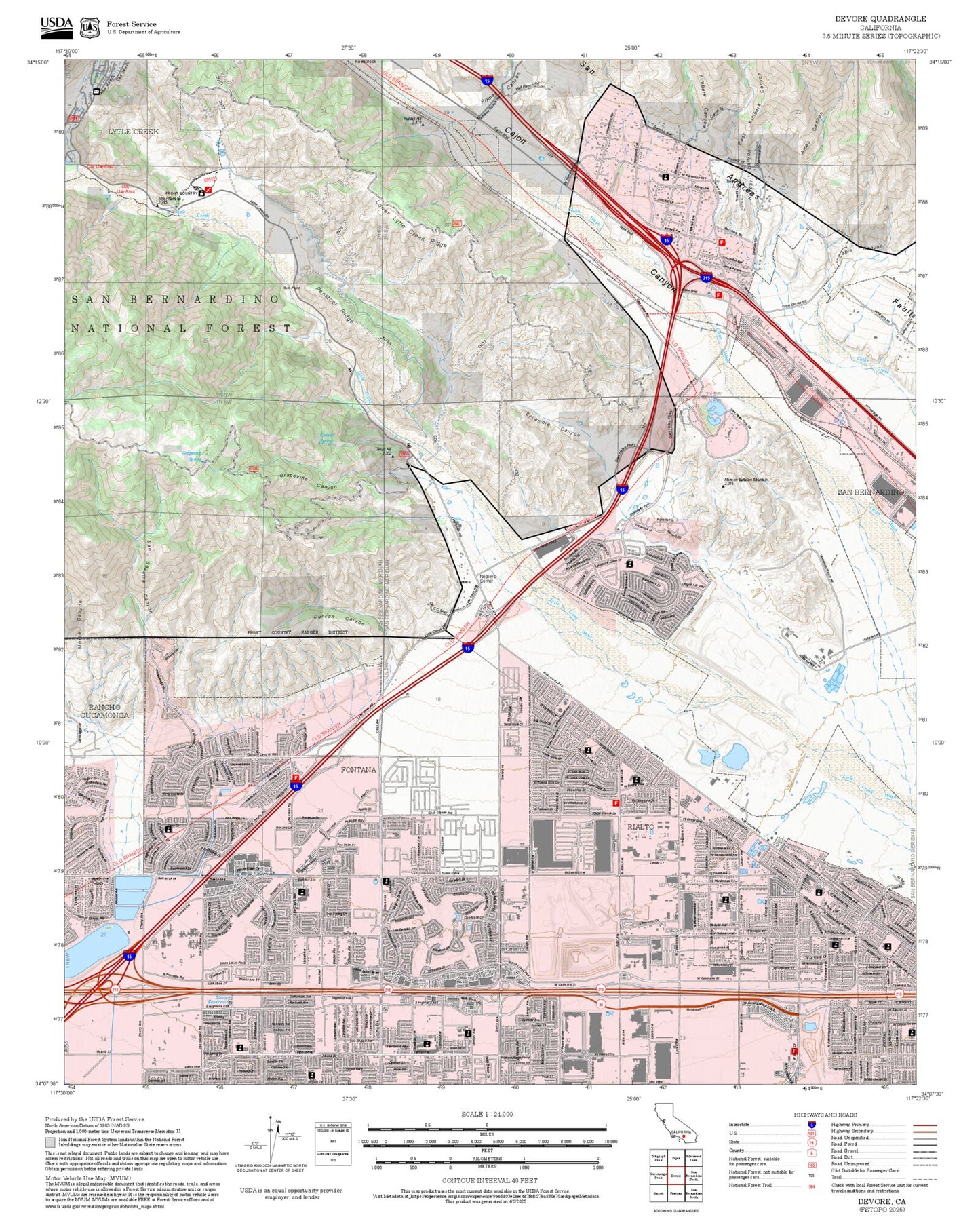 2025 Forest Service Topo Map of Devore California