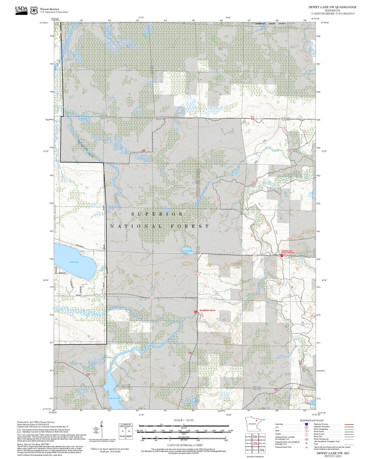 2025 Forest Service Topo Map of Dewey Lake NW Minnesota
