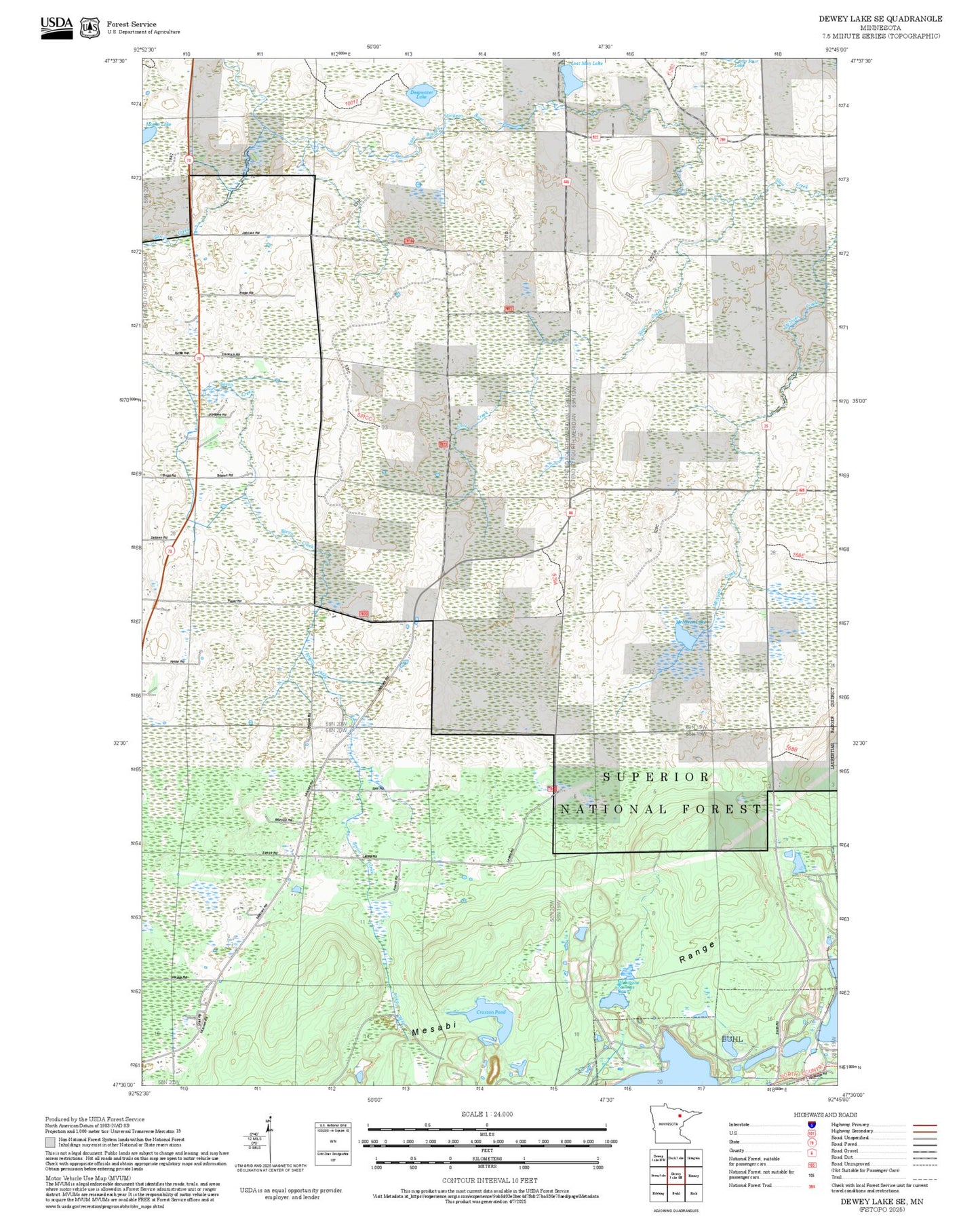 2025 Forest Service Topo Map of Dewey Lake SE Minnesota