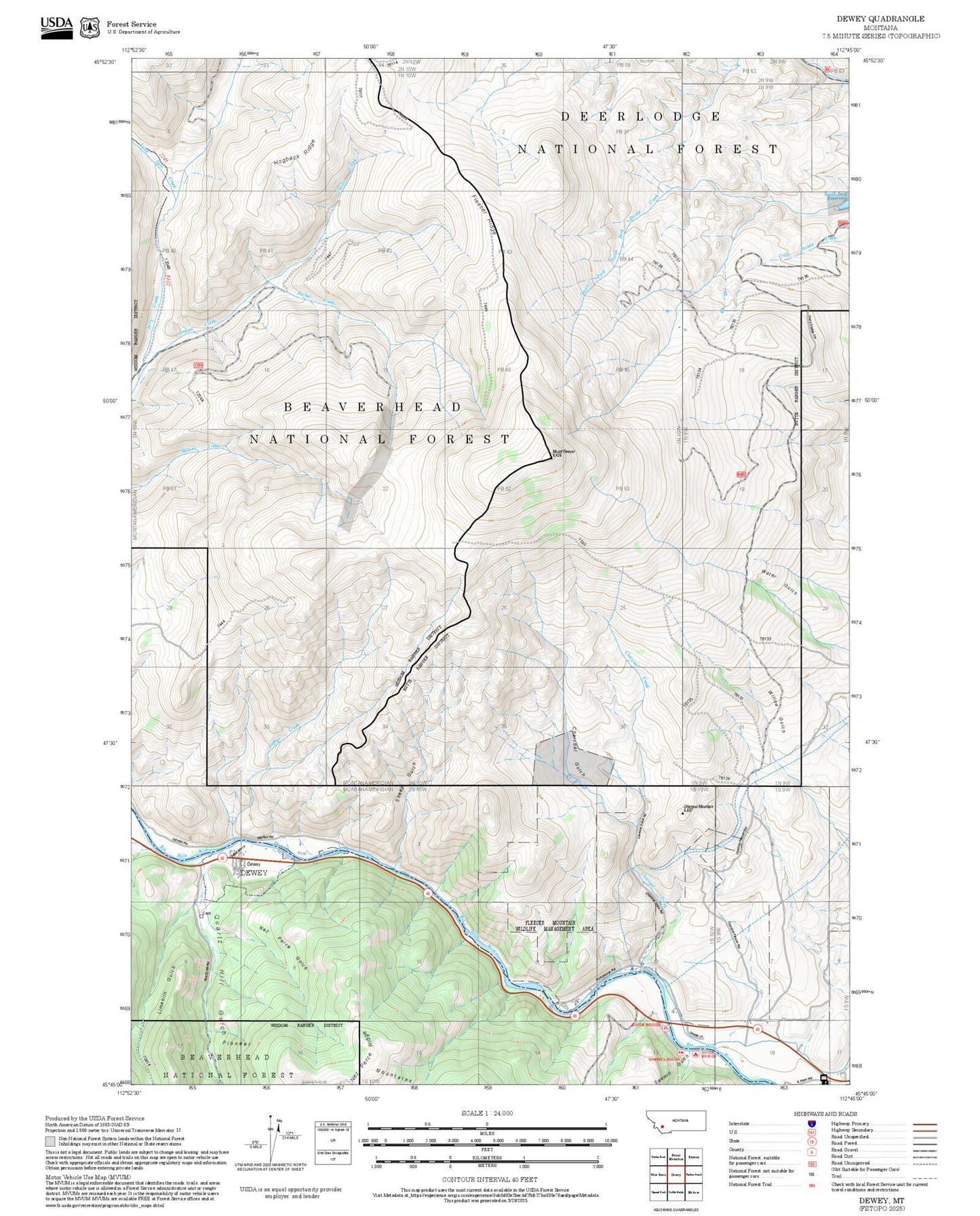 2025 Forest Service Topo Map of Dewey Montana