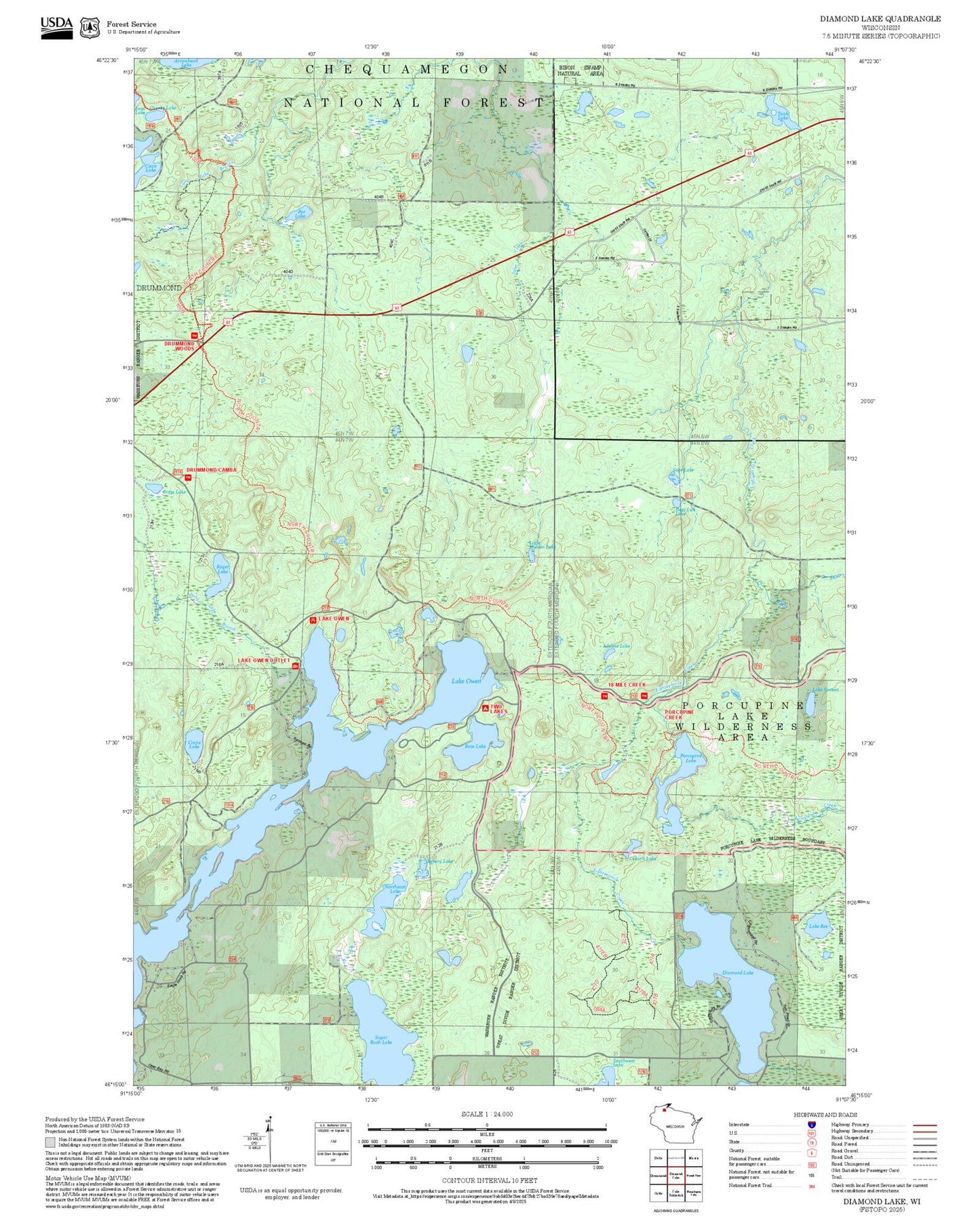 2025 Forest Service Topo Map of Diamond Lake Wisconsin