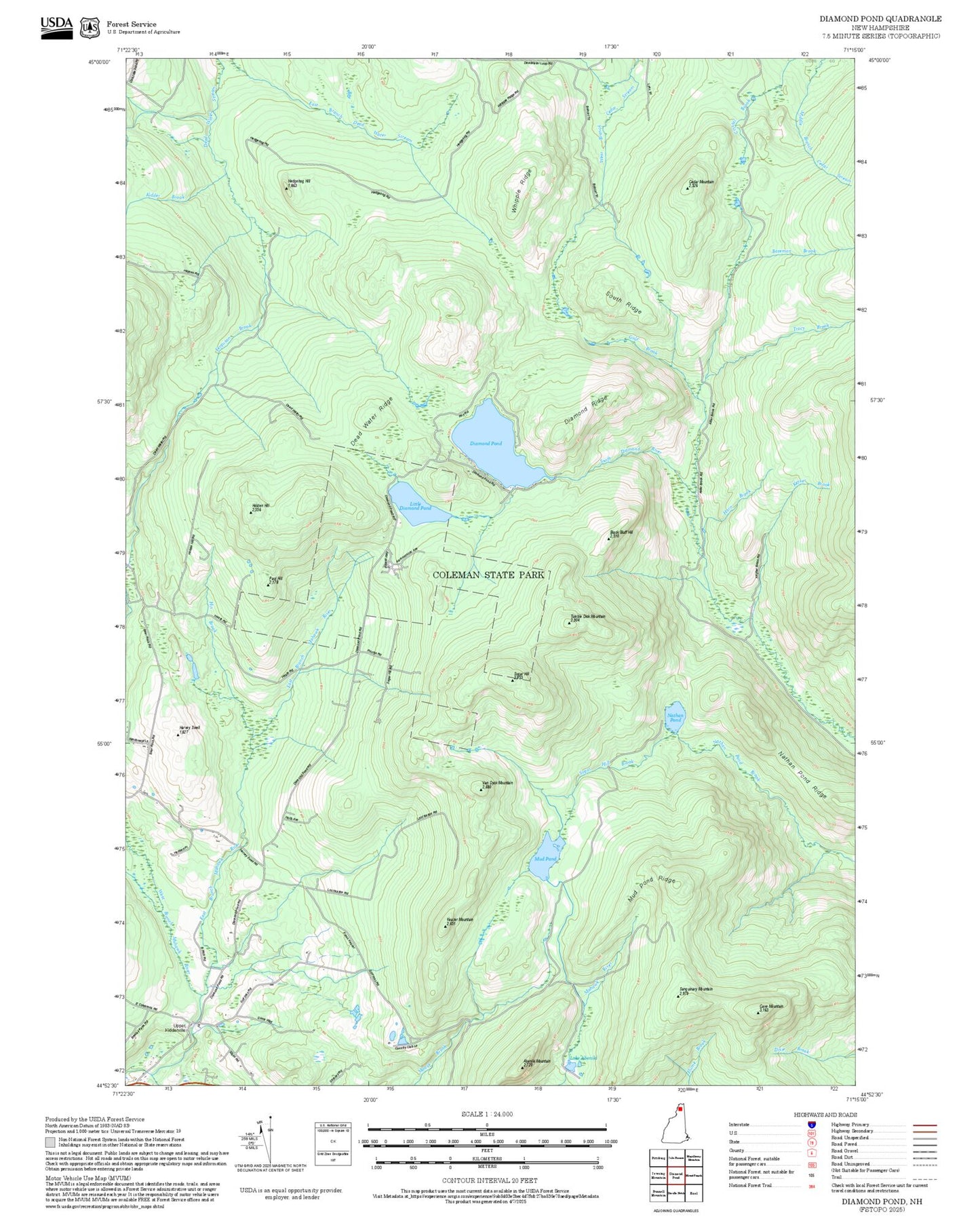 2025 Forest Service Topo Map of Diamond Pond New Hampshire