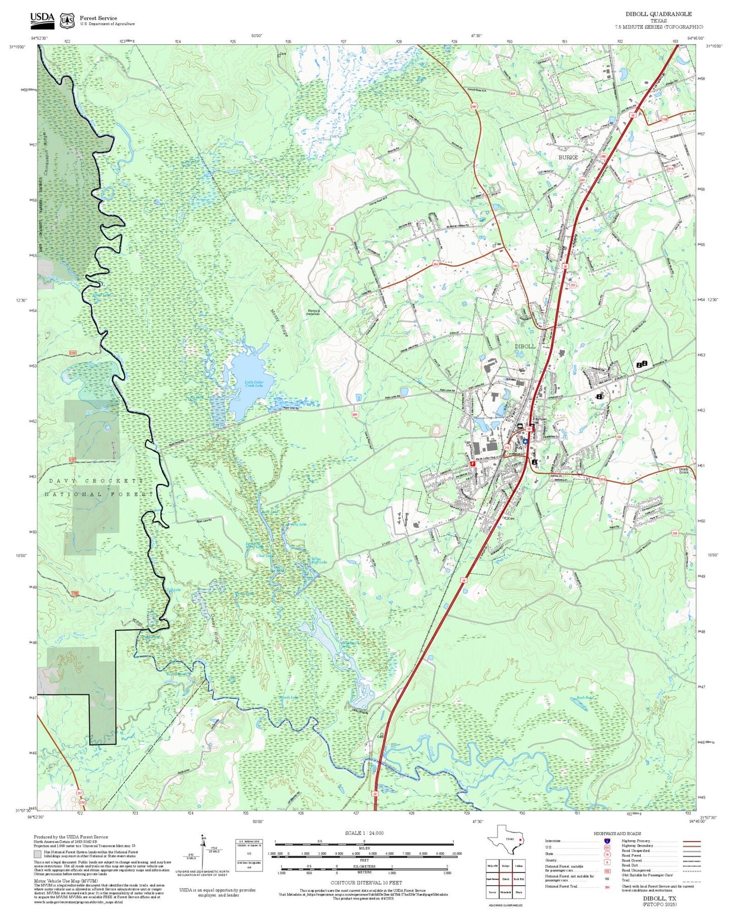 2025 Forest Service Topo Map of Diboll Texas