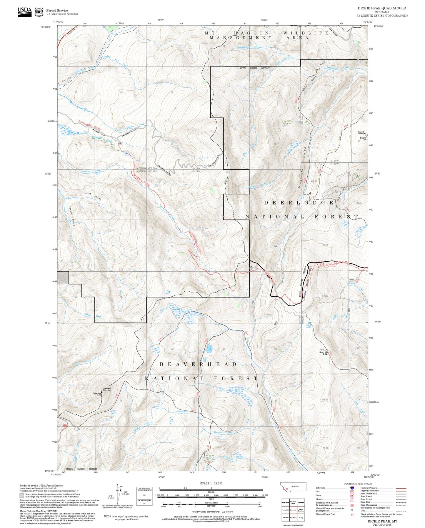 2025 Forest Service Topo Map of Dickie Peak Montana