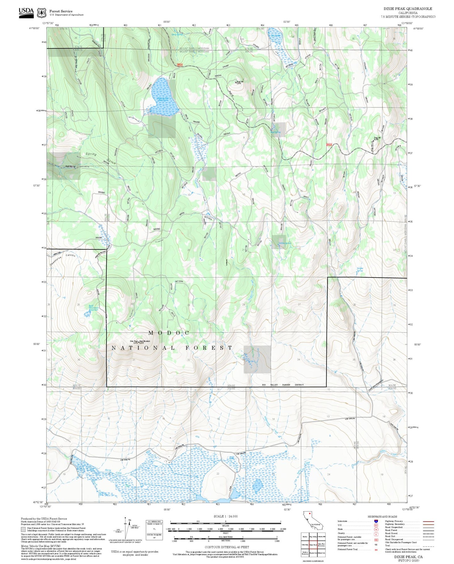2025 Forest Service Topo Map of Dixie Peak California