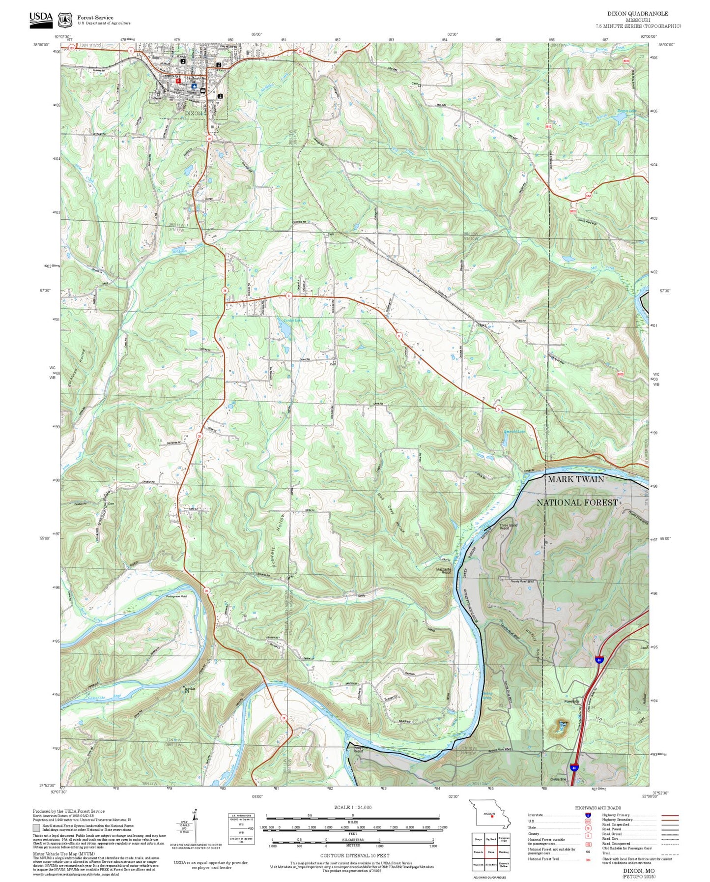2025 Forest Service Topo Map of Dixon Missouri
