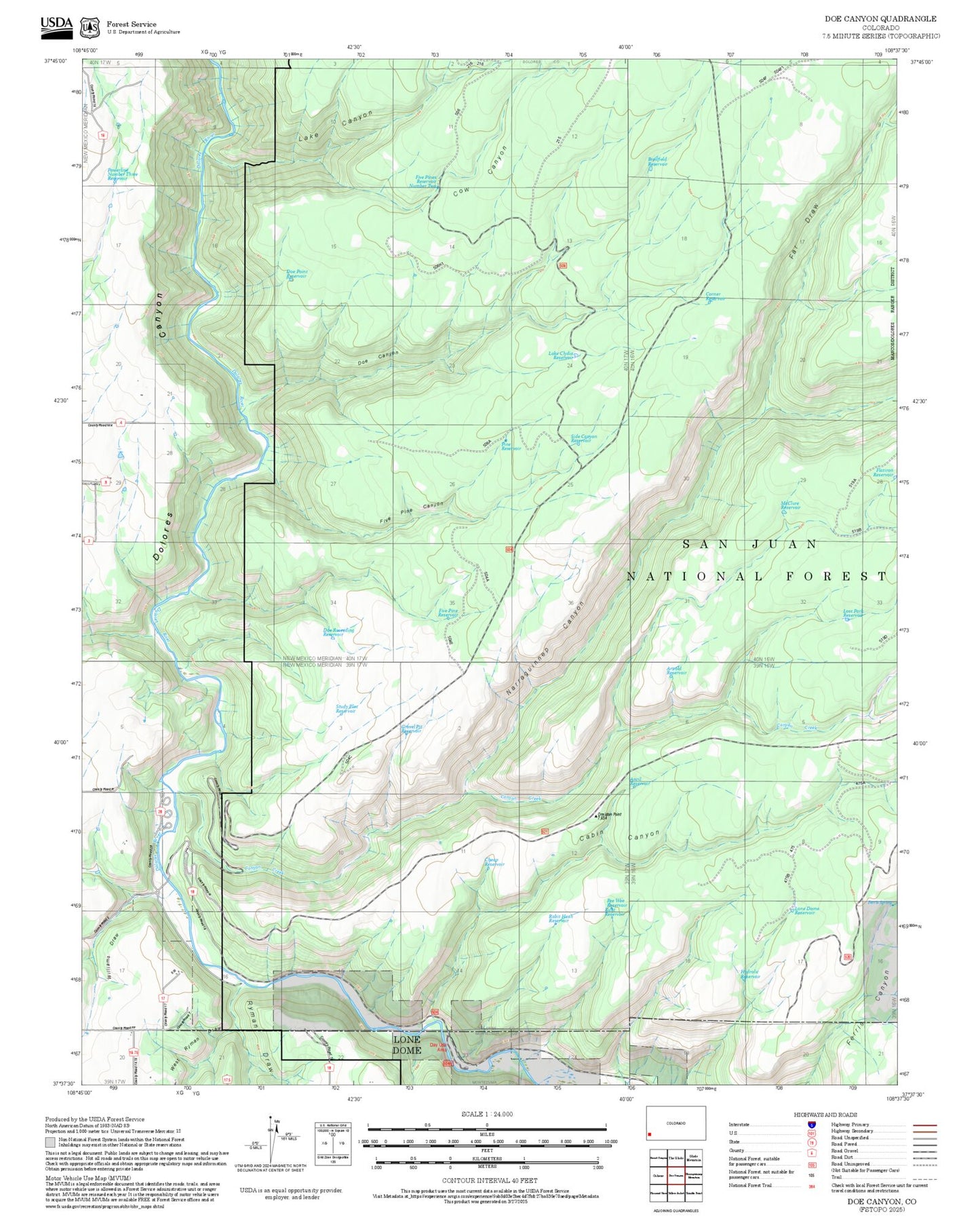 2025 Forest Service Topo Map of Doe Canyon Colorado