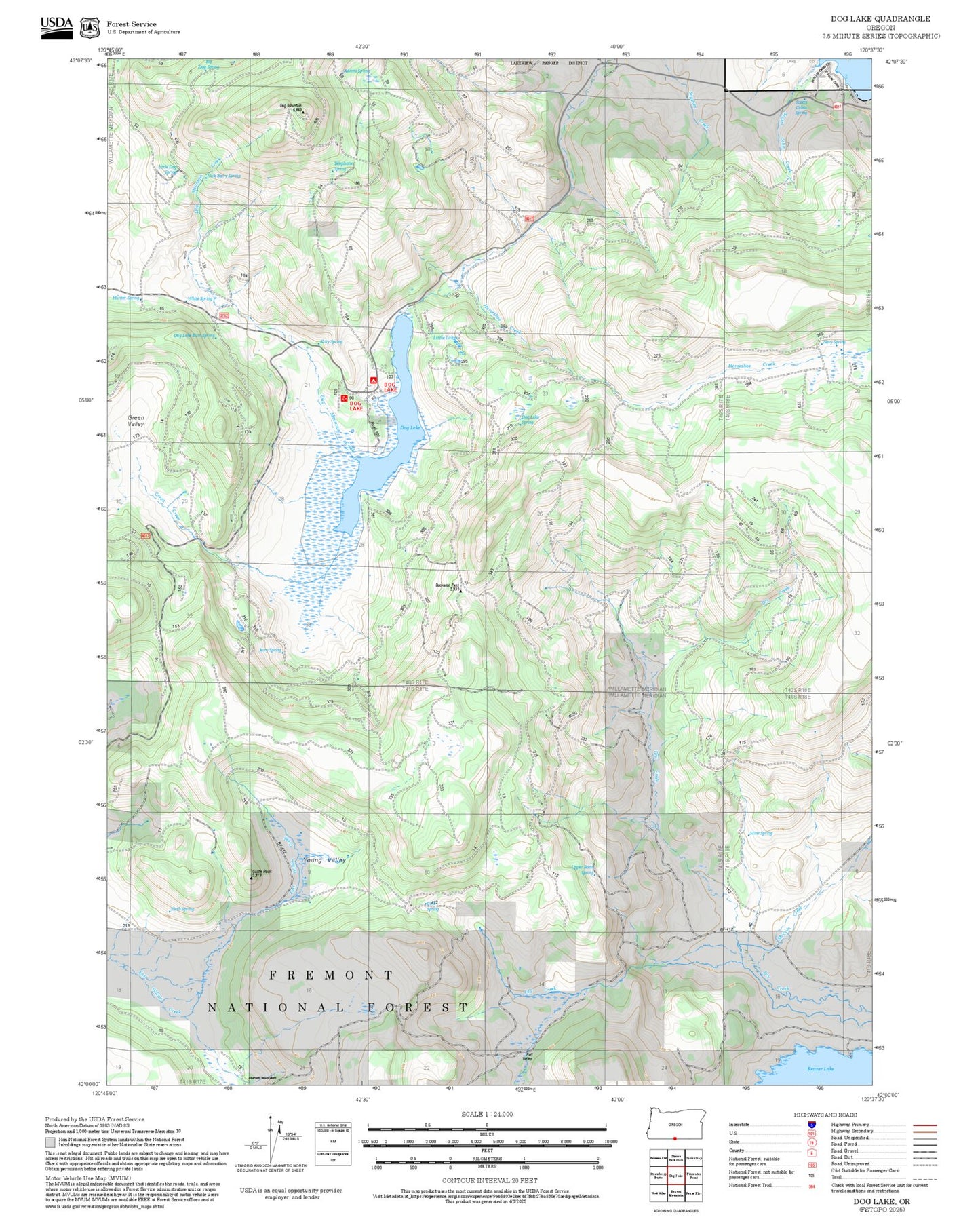 2025 Forest Service Topo Map of Dog Lake Oregon