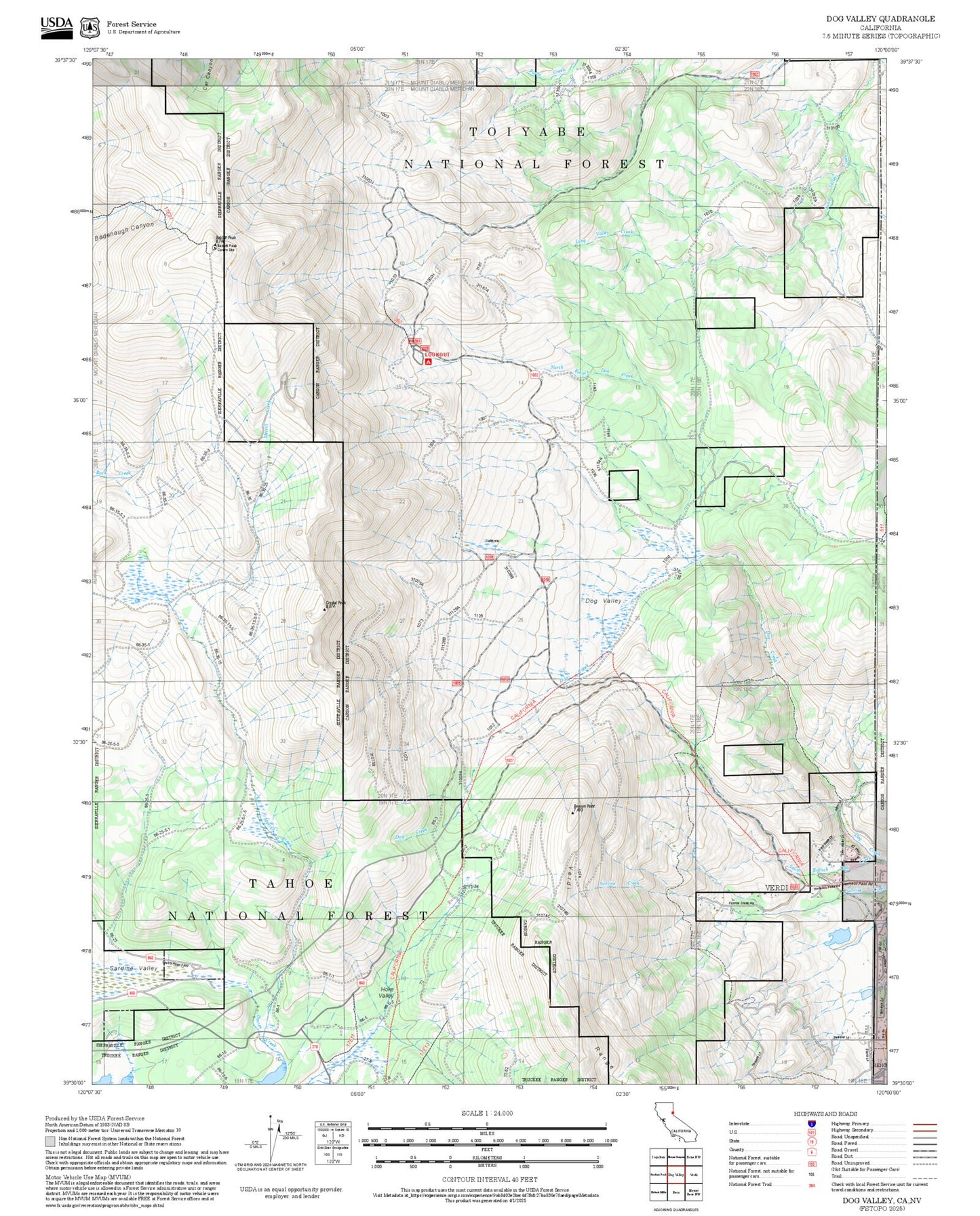 2025 Forest Service Topo Map of Dog Valley California
