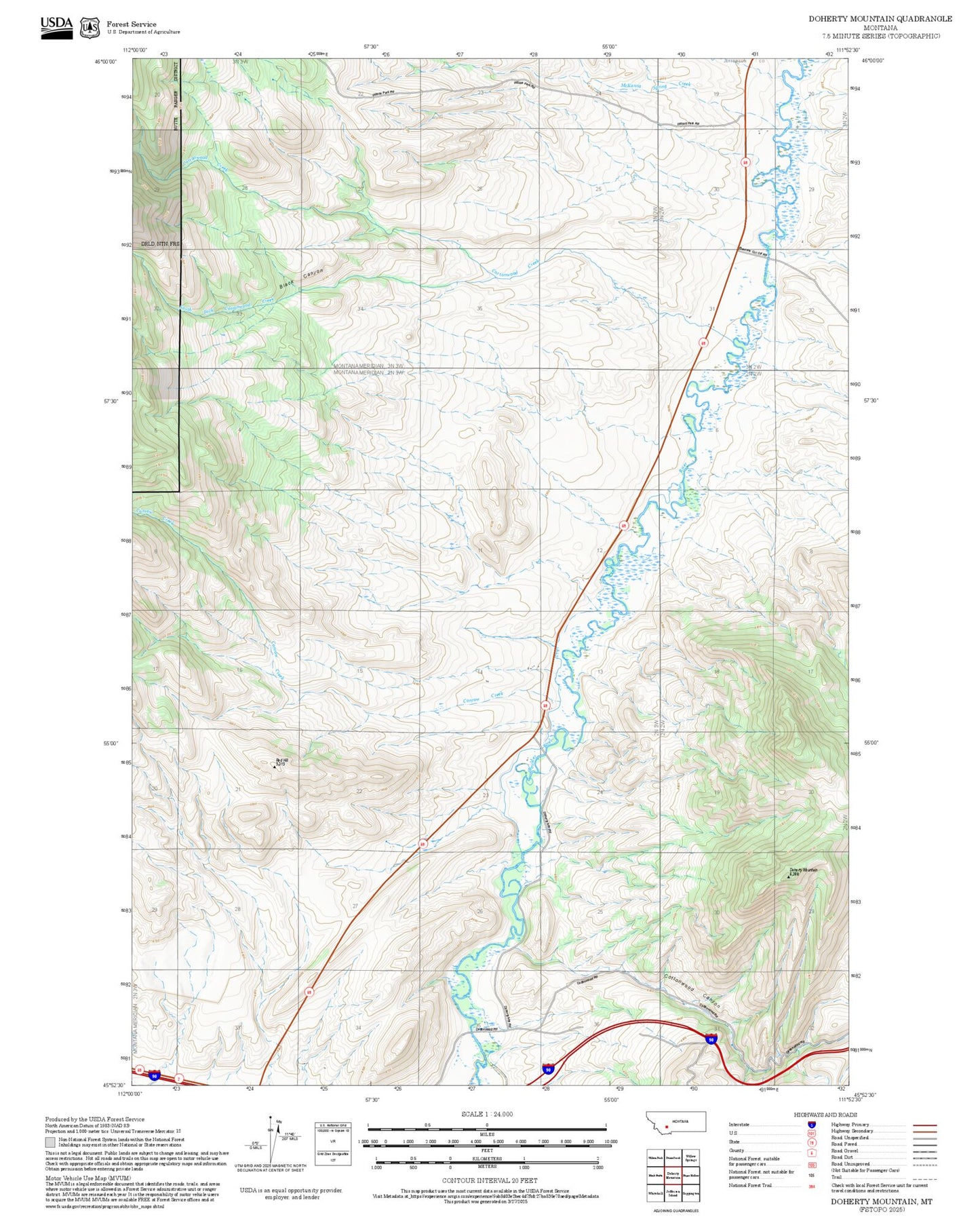 2025 Forest Service Topo Map of Doherty Mountain Montana