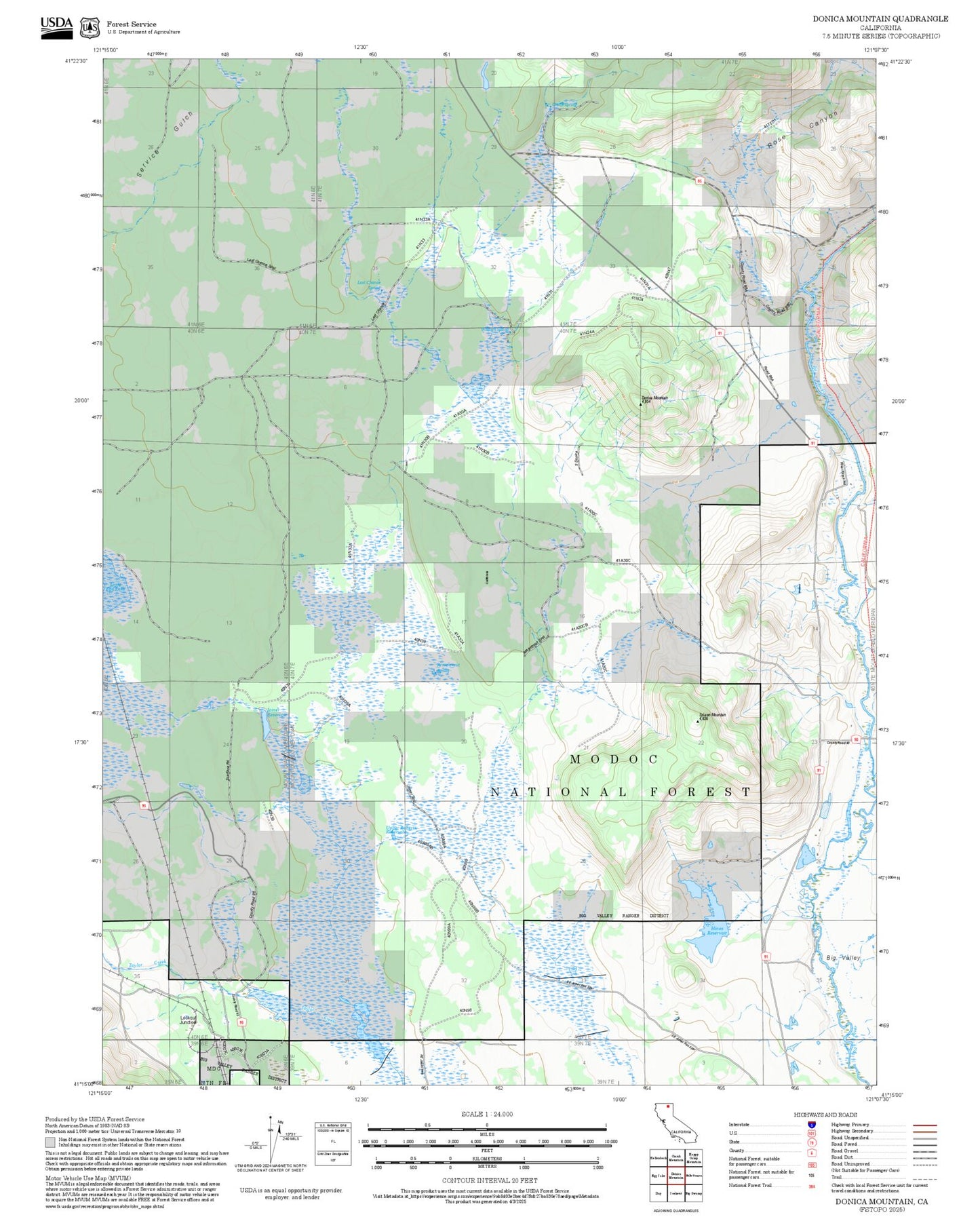 2025 Forest Service Topo Map of Donica Mountain California
