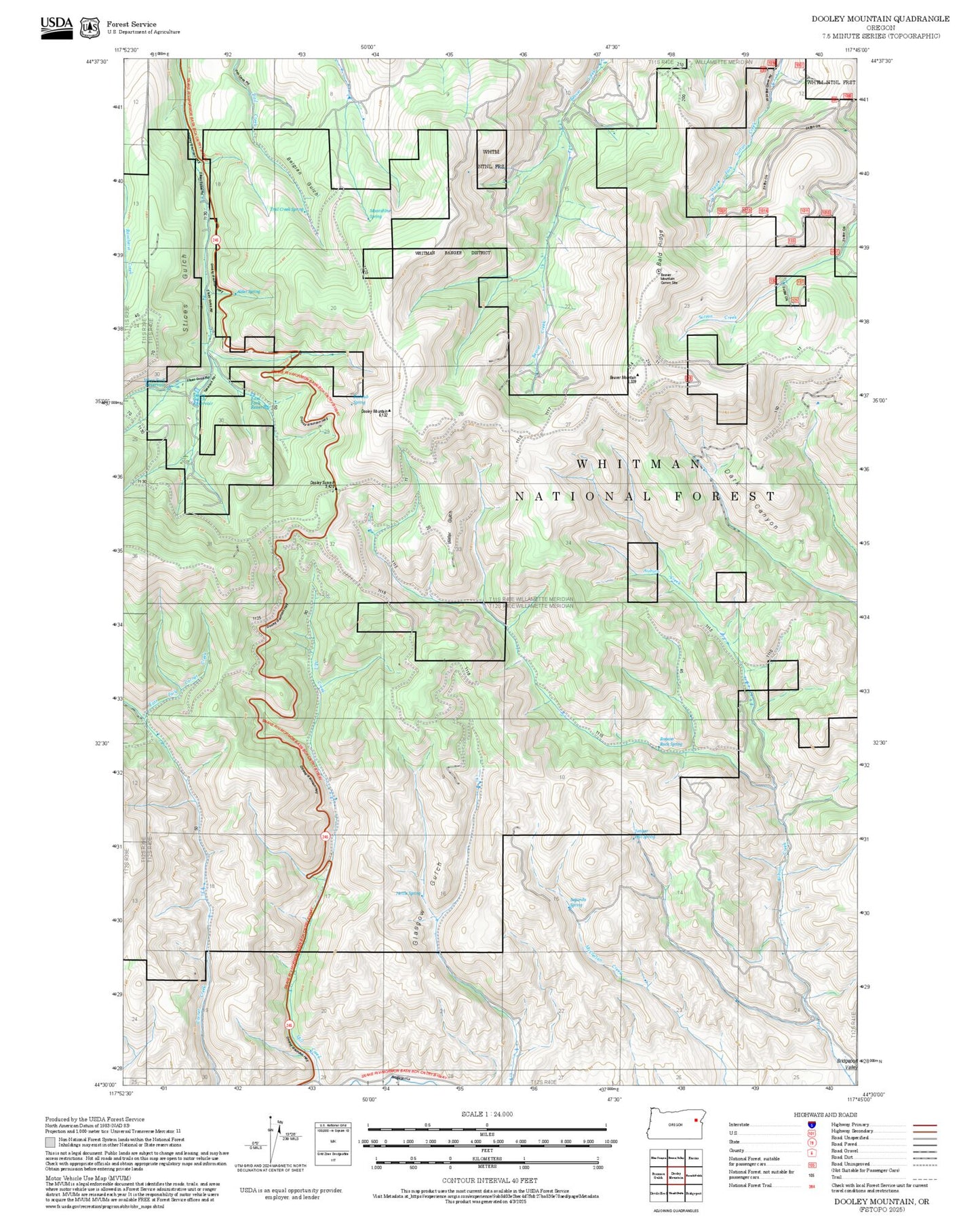 2025 Forest Service Topo Map of Dooley Mountain Oregon