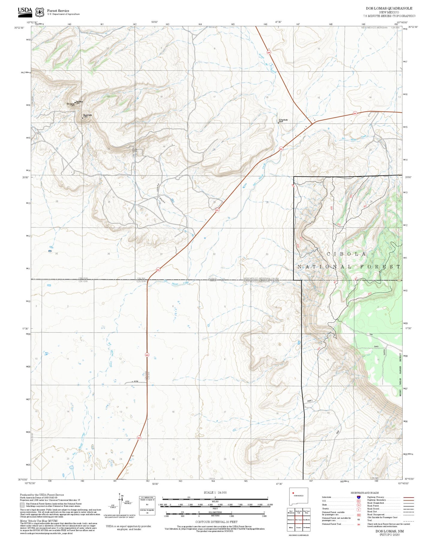 2025 Forest Service Topo Map of Dos Lomas New Mexico