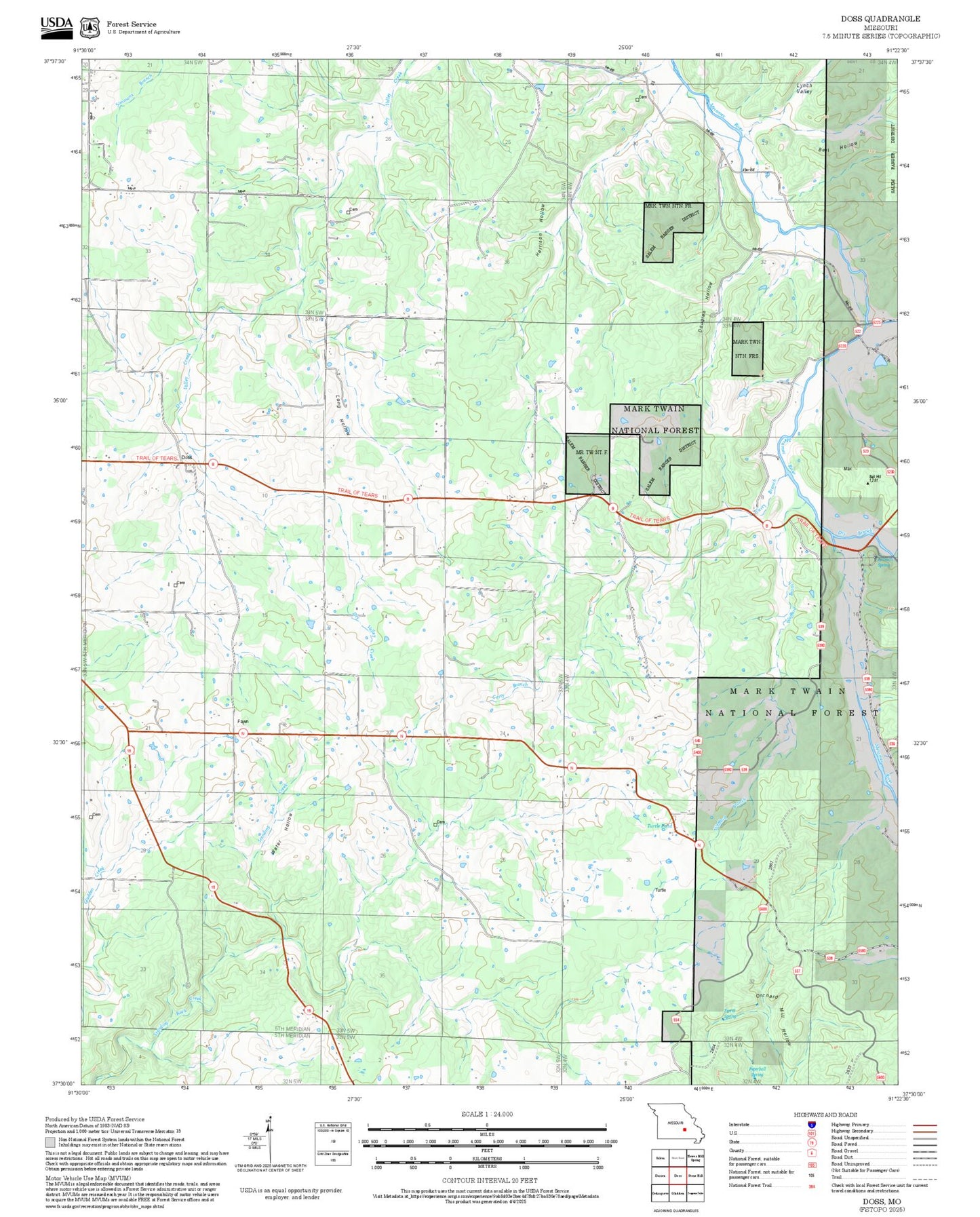 2025 Forest Service Topo Map of Doss Missouri