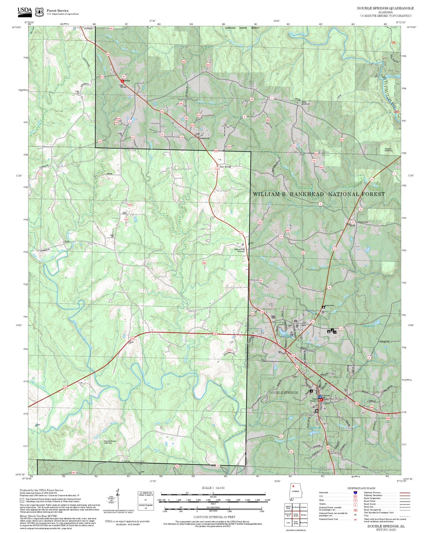 2025 Forest Service Topo Map of Double Springs Alabama