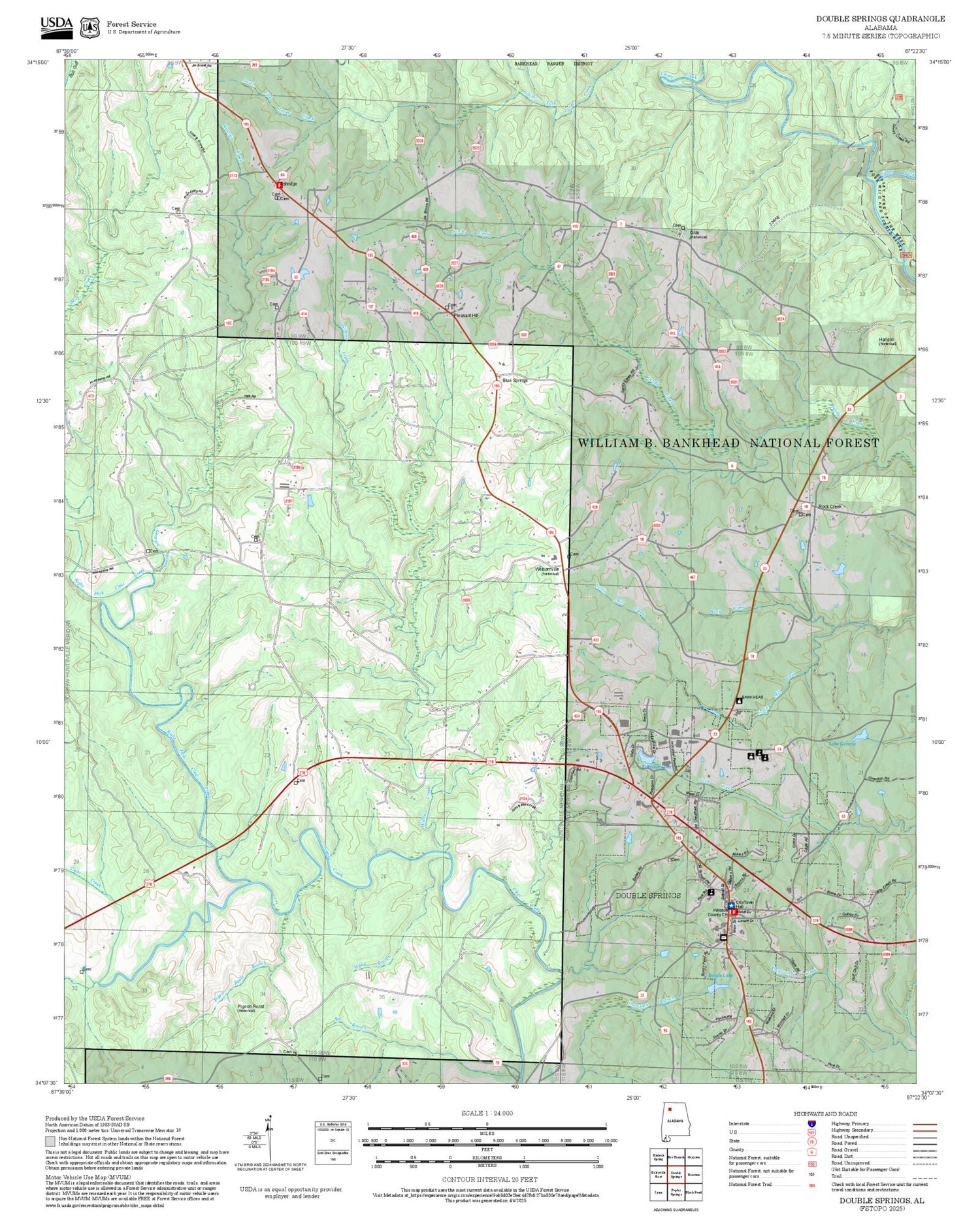 2025 Forest Service Topo Map of Double Springs Alabama