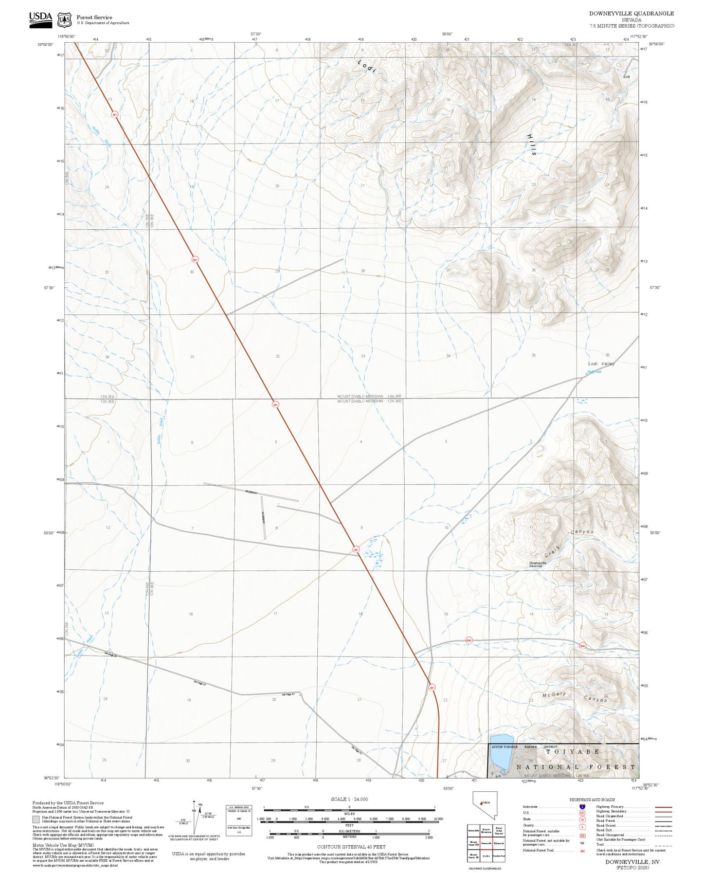 2025 Forest Service Topo Map of Downeyville Nevada