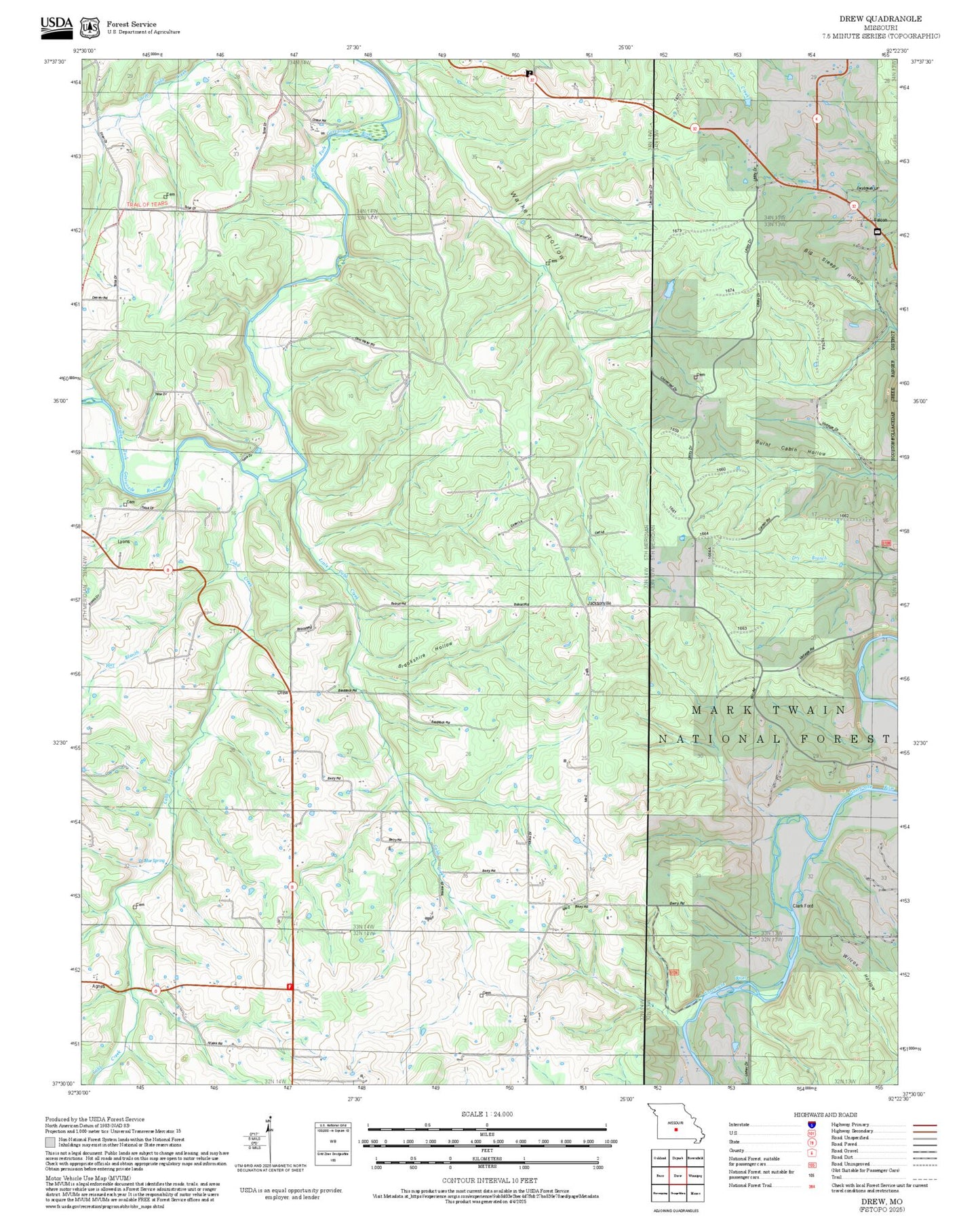 2025 Forest Service Topo Map of Drew Missouri