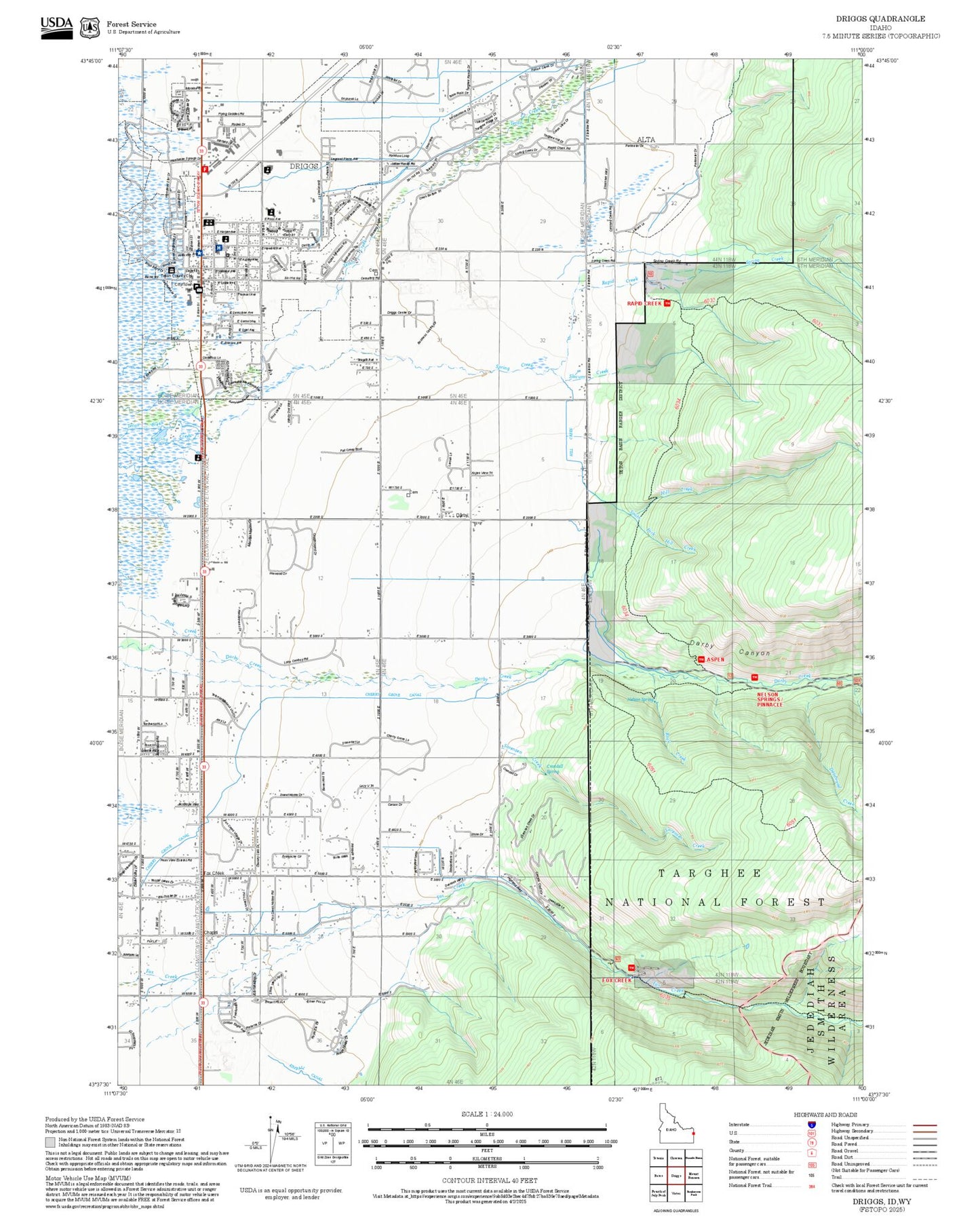 2025 Forest Service Topo Map of Driggs Idaho