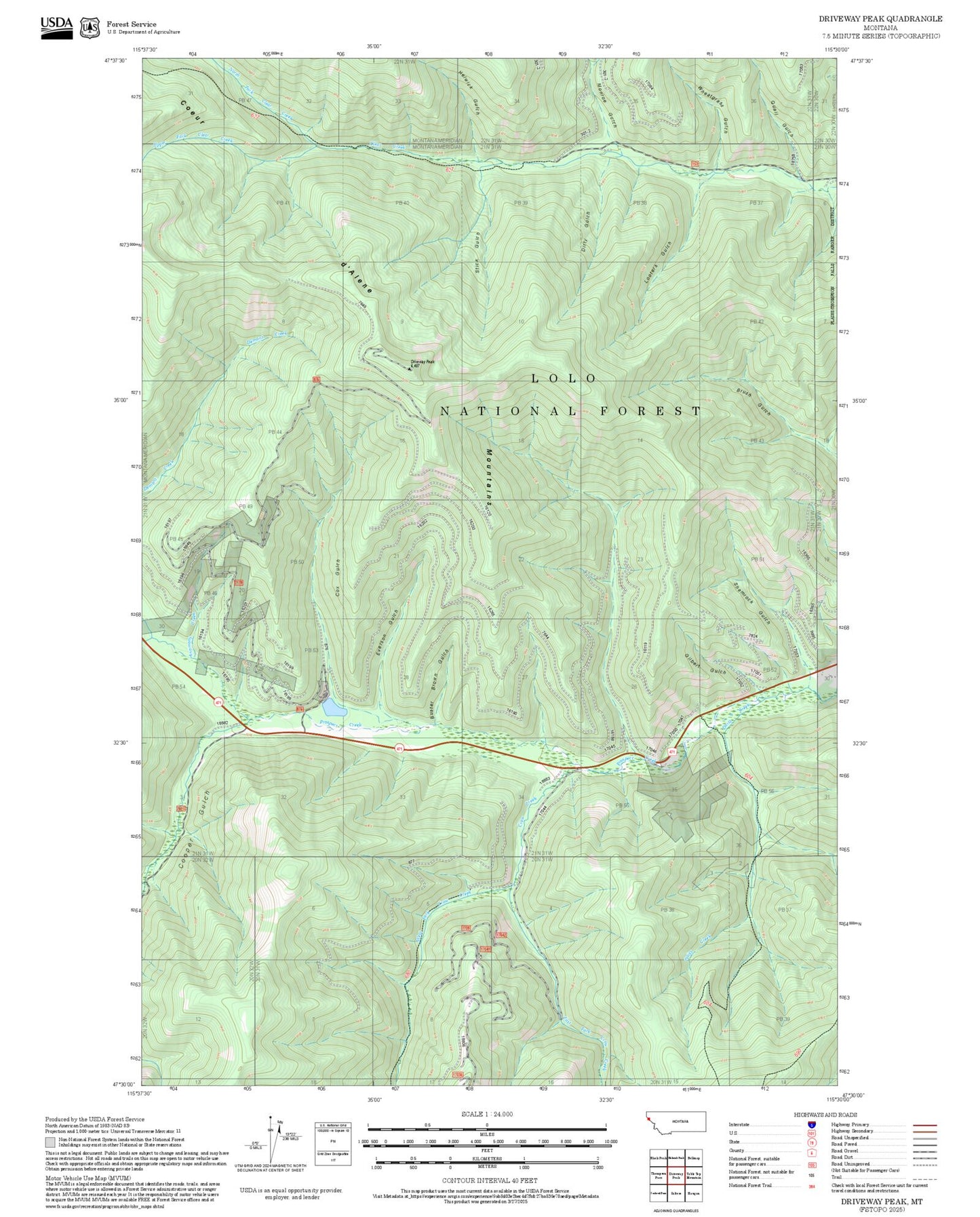 2025 Forest Service Topo Map of Driveway Peak Montana