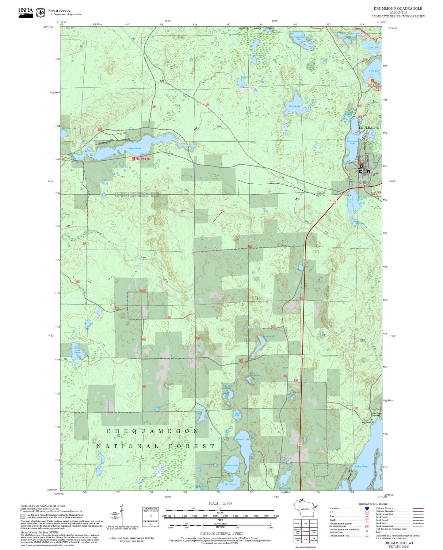 2025 Forest Service Topo Map of Drummond Wisconsin