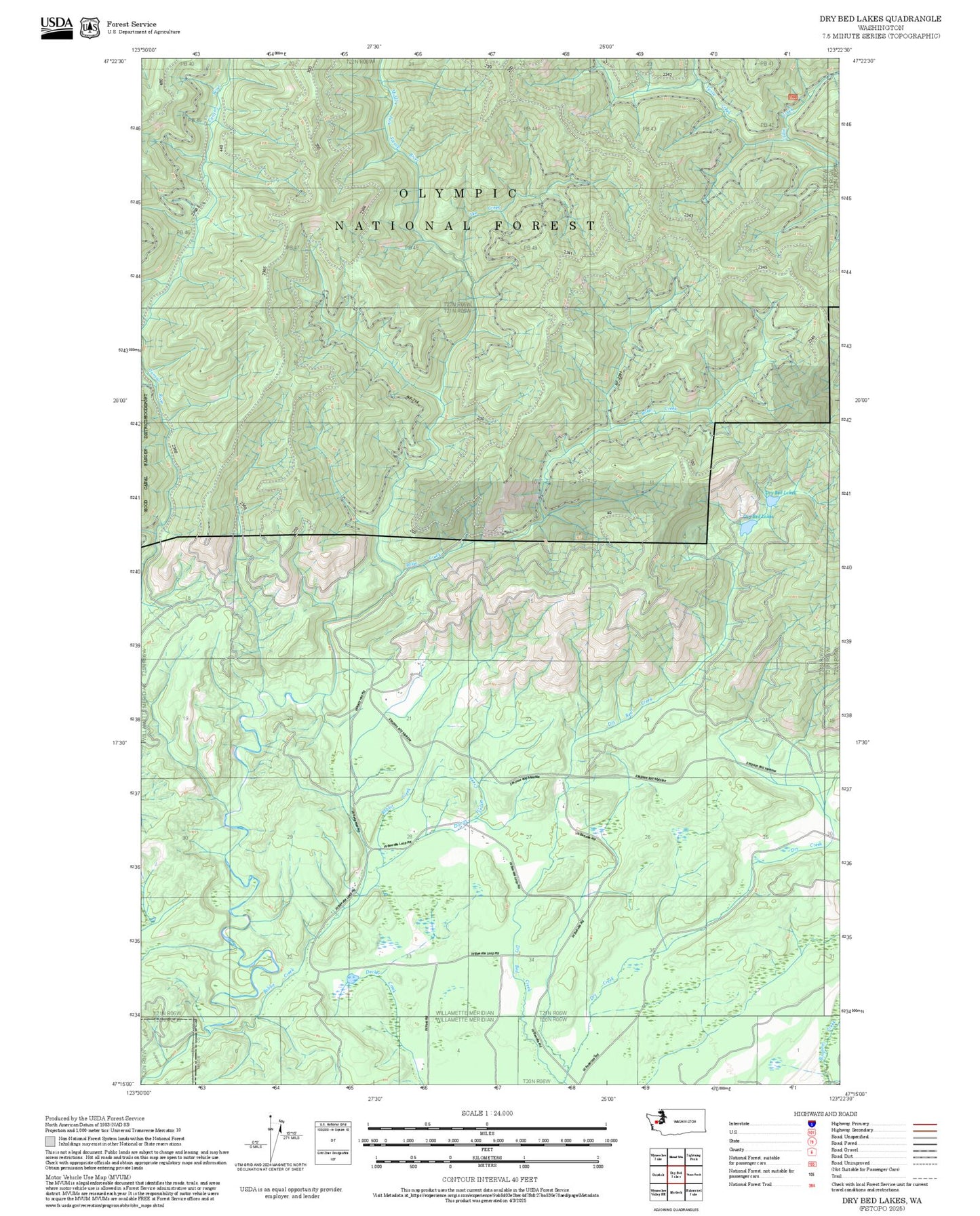 2025 Forest Service Topo Map of Dry Bed Lakes Washington