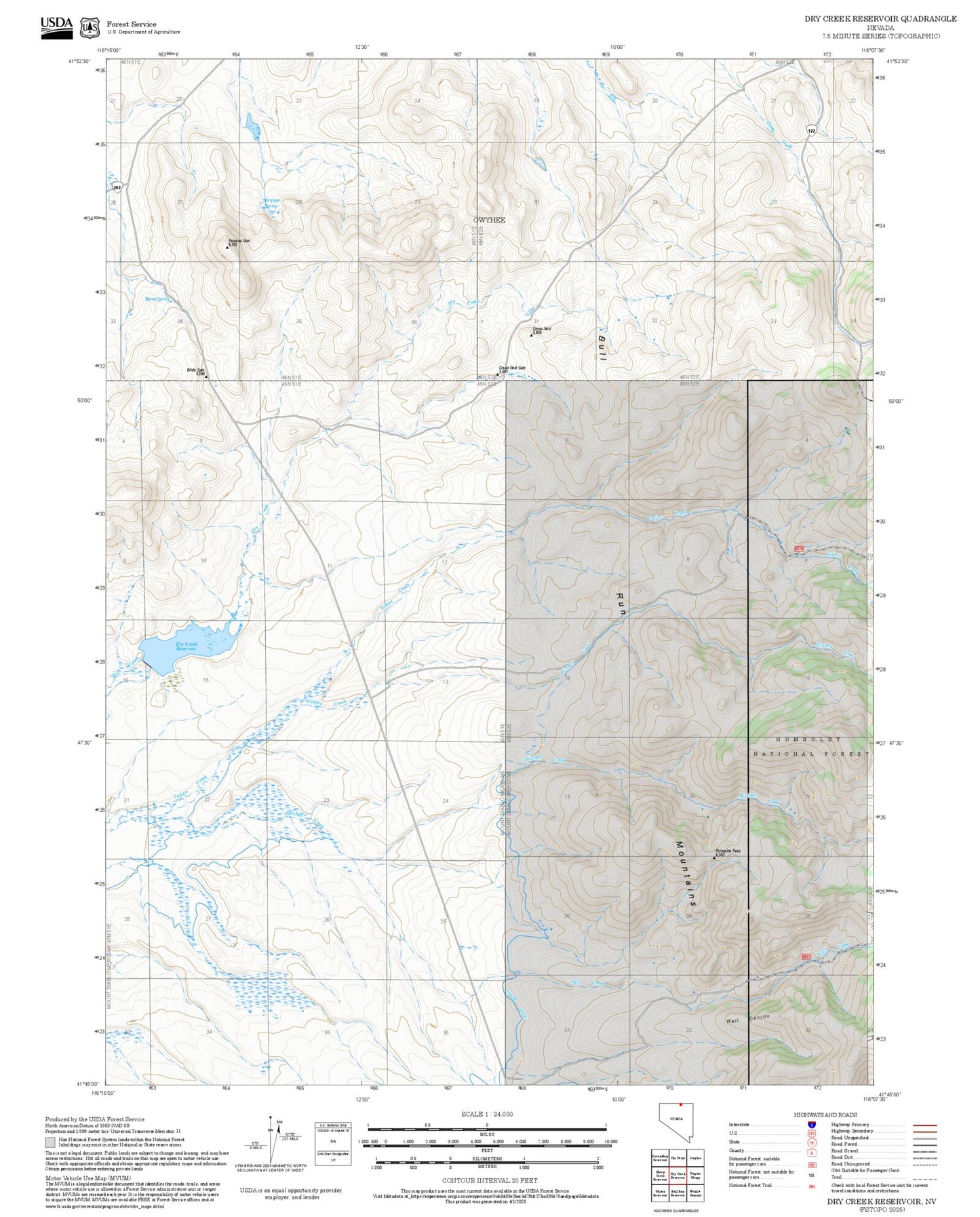 2025 Forest Service Topo Map of Dry Creek Reservoir Nevada