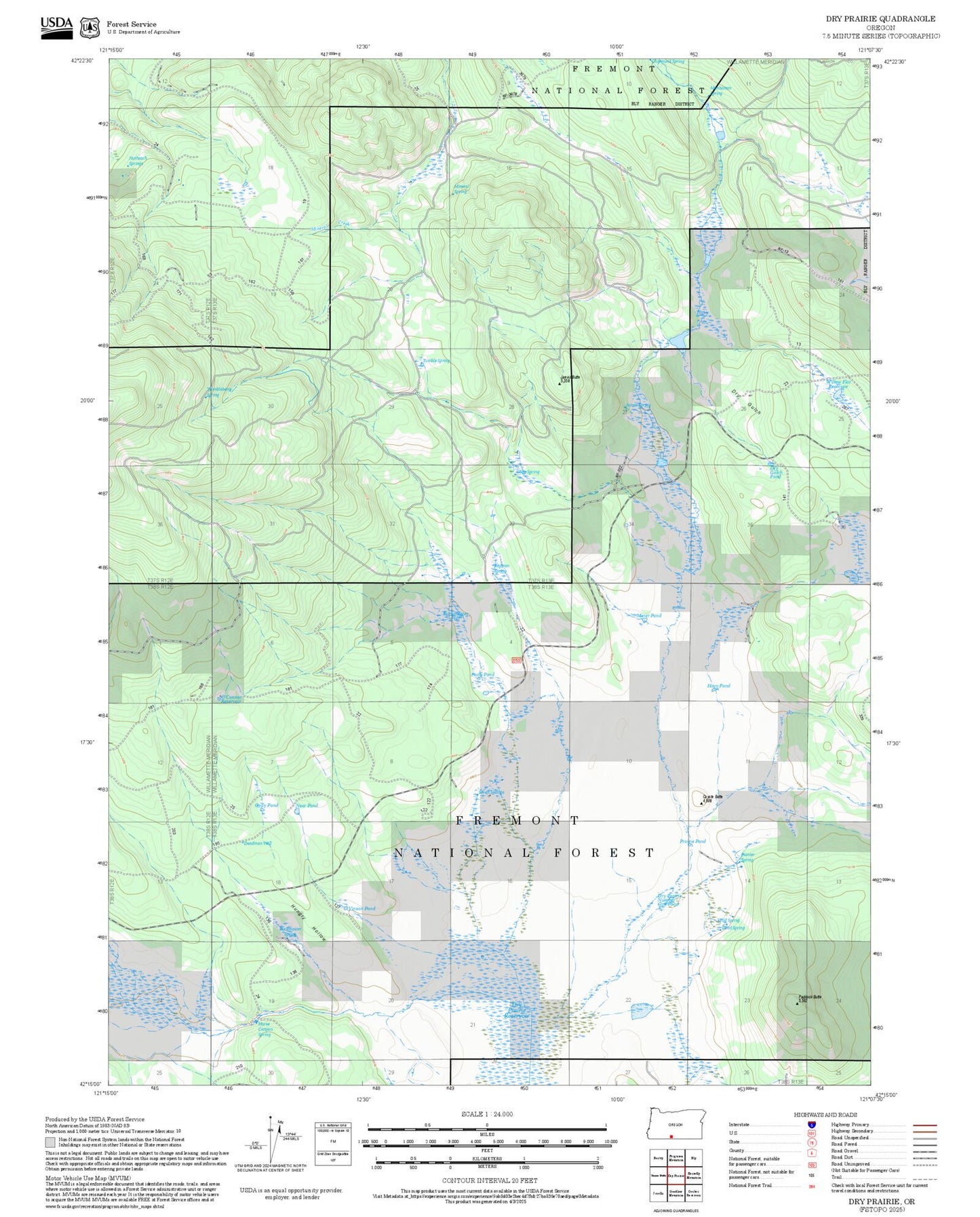 2025 Forest Service Topo Map of Dry Prairie Oregon
