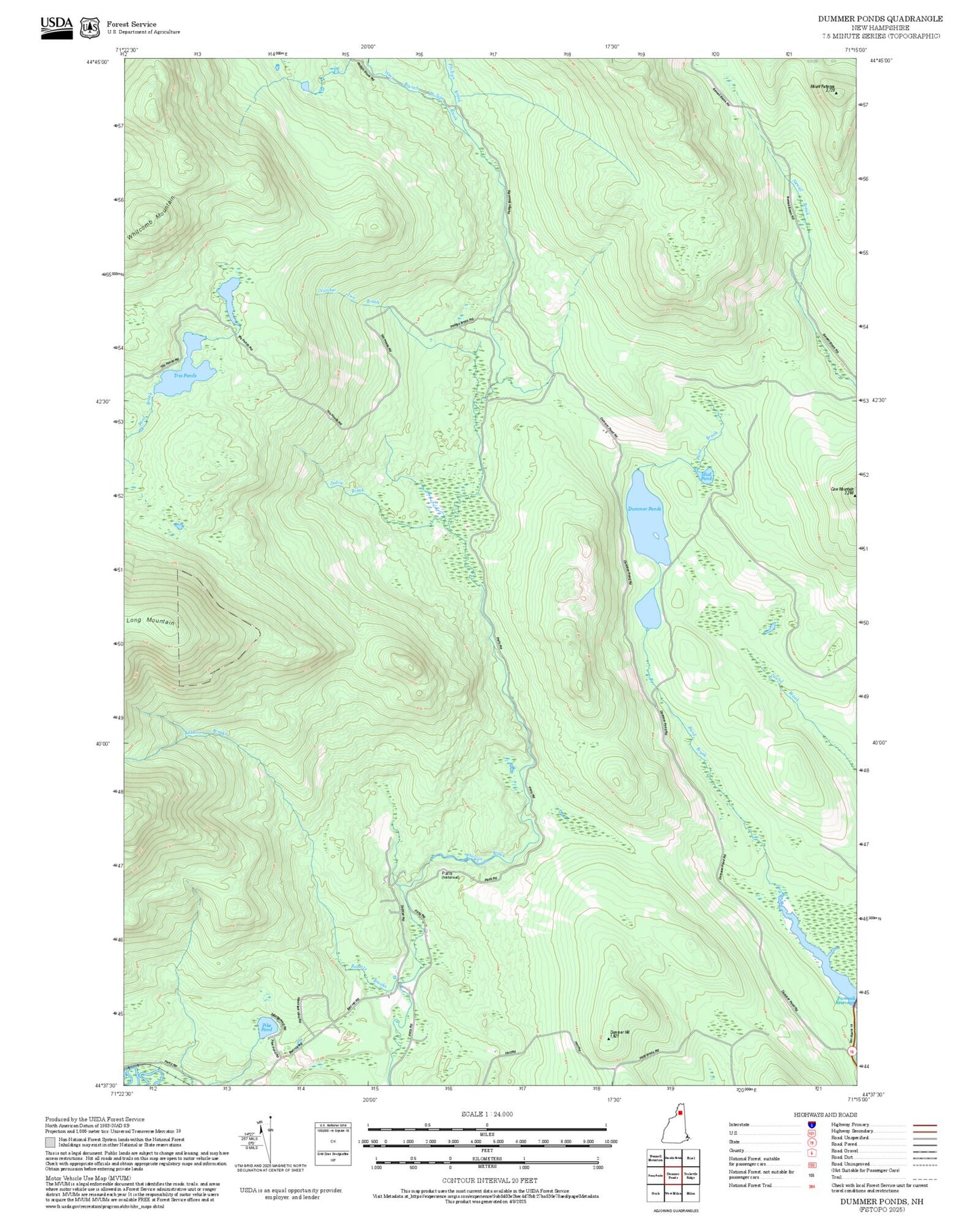2025 Forest Service Topo Map of Dummer Ponds New Hampshire