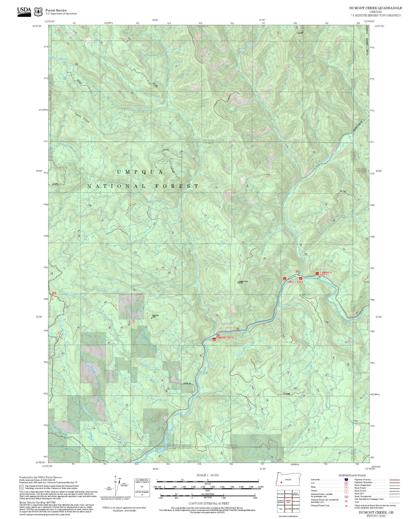 2025 Forest Service Topo Map of Dumont Creek Oregon